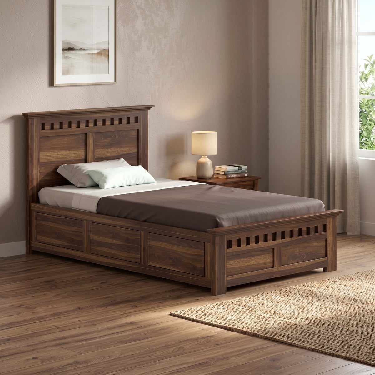 Armania Solid Sheesham Wood 4 Feet Bed With Box Storage - 3 Years Warranty