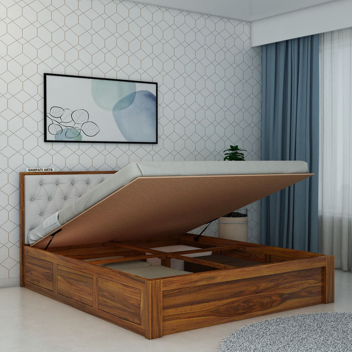 Decan Solid Sheesham Wood Bed with Hydraulic Storage and Upholstery Headboard - 3 Years Warranty