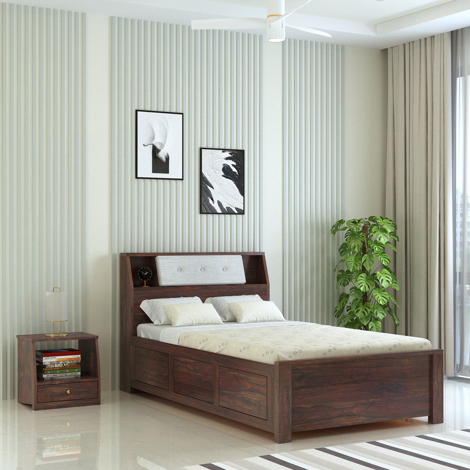 Marine Solid Sheesham Wood 4 Feet Bed With Box Storage(BIG HEADREST)- 3 Years Warranty