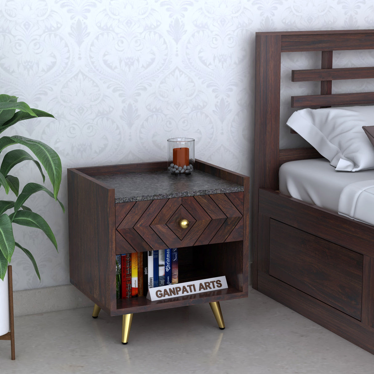 Wave Solid Sheesham Wood Bedside With Granite Top and Storage - 3 Years Warranty