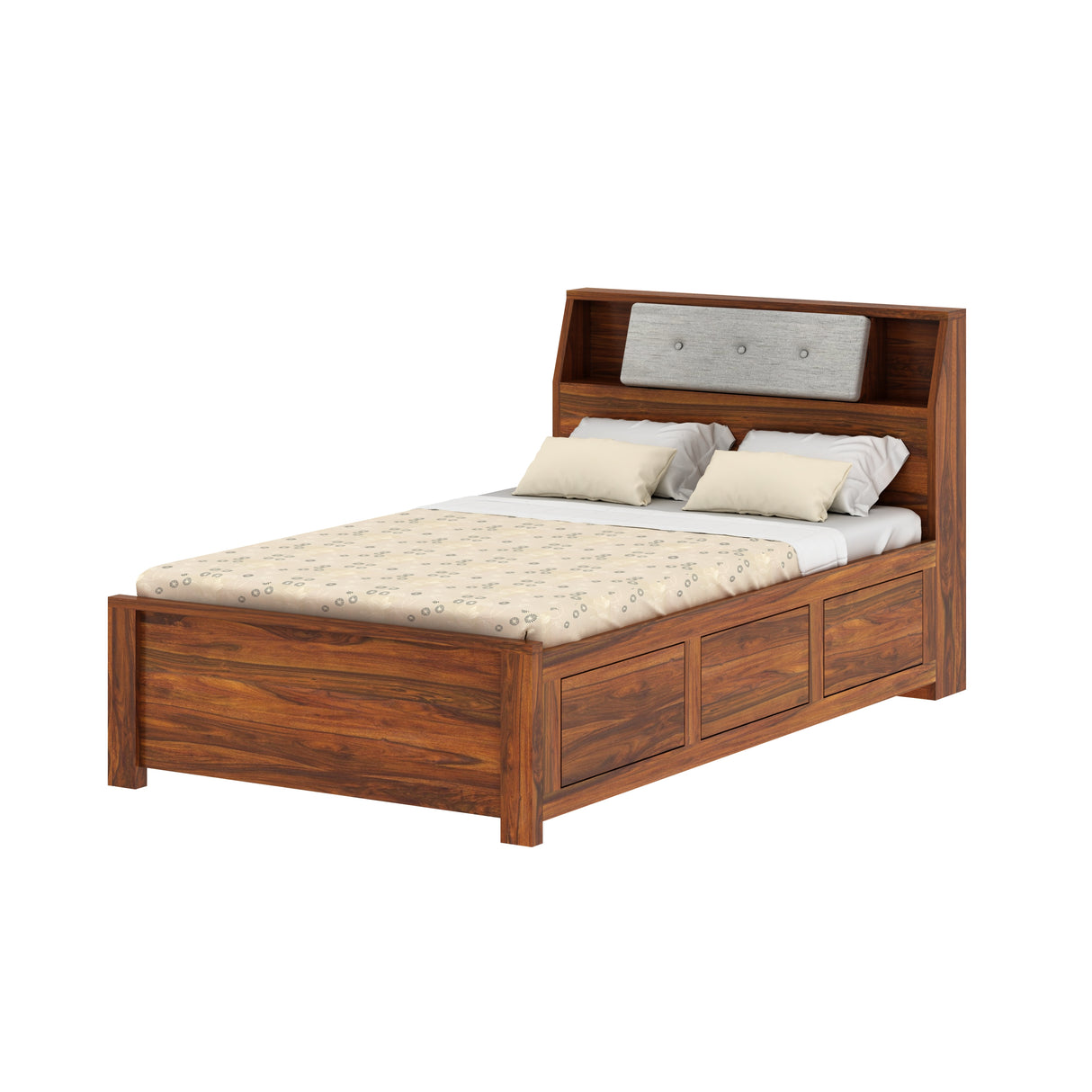 Marine Solid Sheesham Wood 4 Feet Bed With Box Storage(BIG HEADREST)- 3 Years Warranty