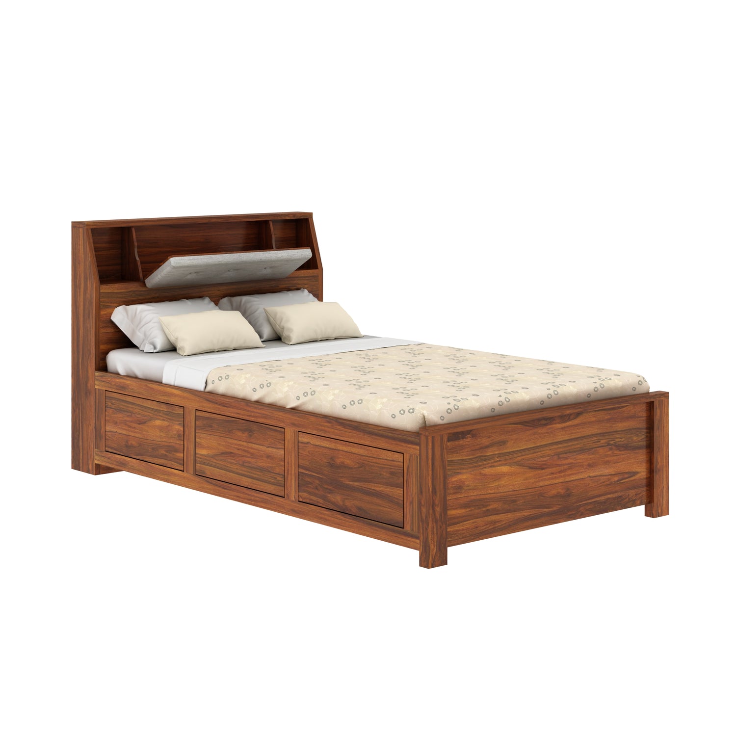 Marine Solid Sheesham Wood 4 Feet Bed With Box Storage(BIG HEADREST)- 3 Years Warranty