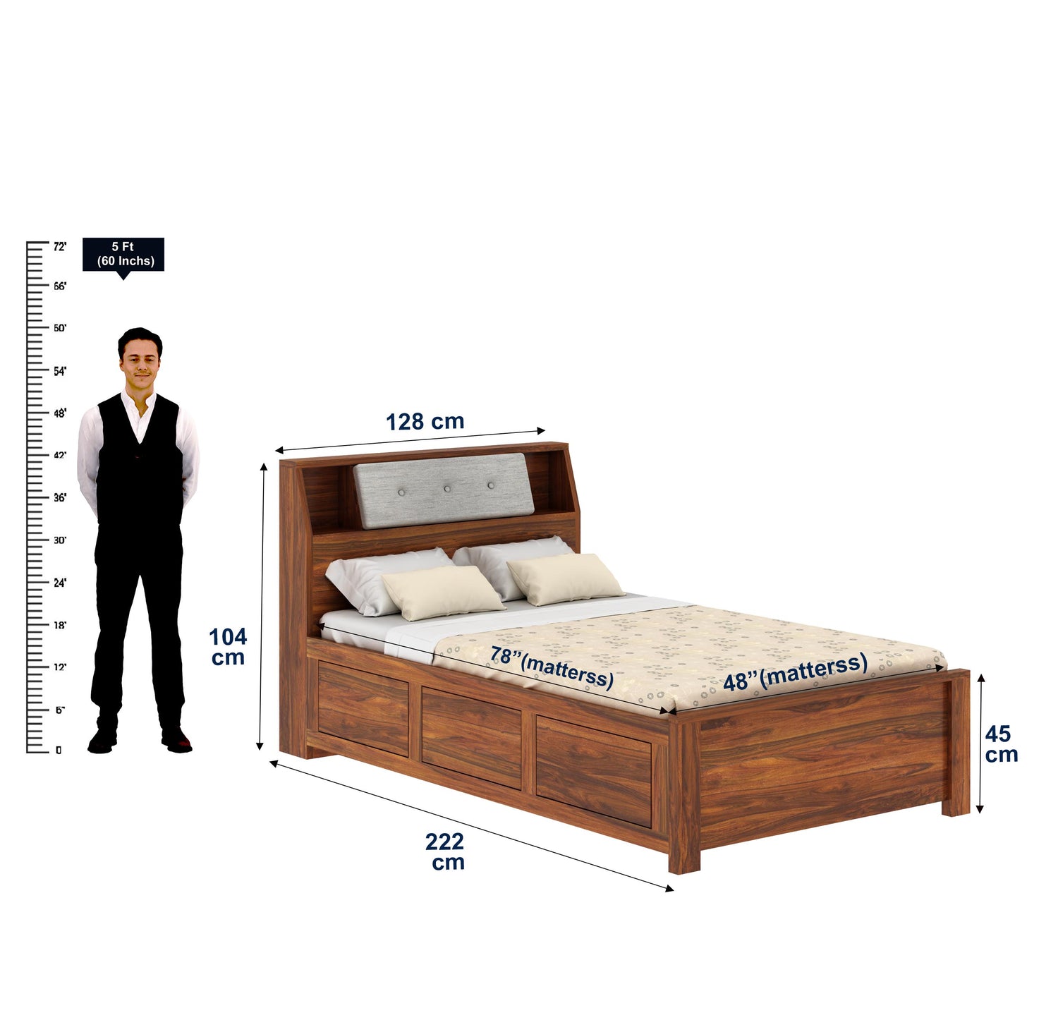 Marine Solid Sheesham Wood 4 Feet Bed With Box Storage(BIG HEADREST)- 3 Years Warranty