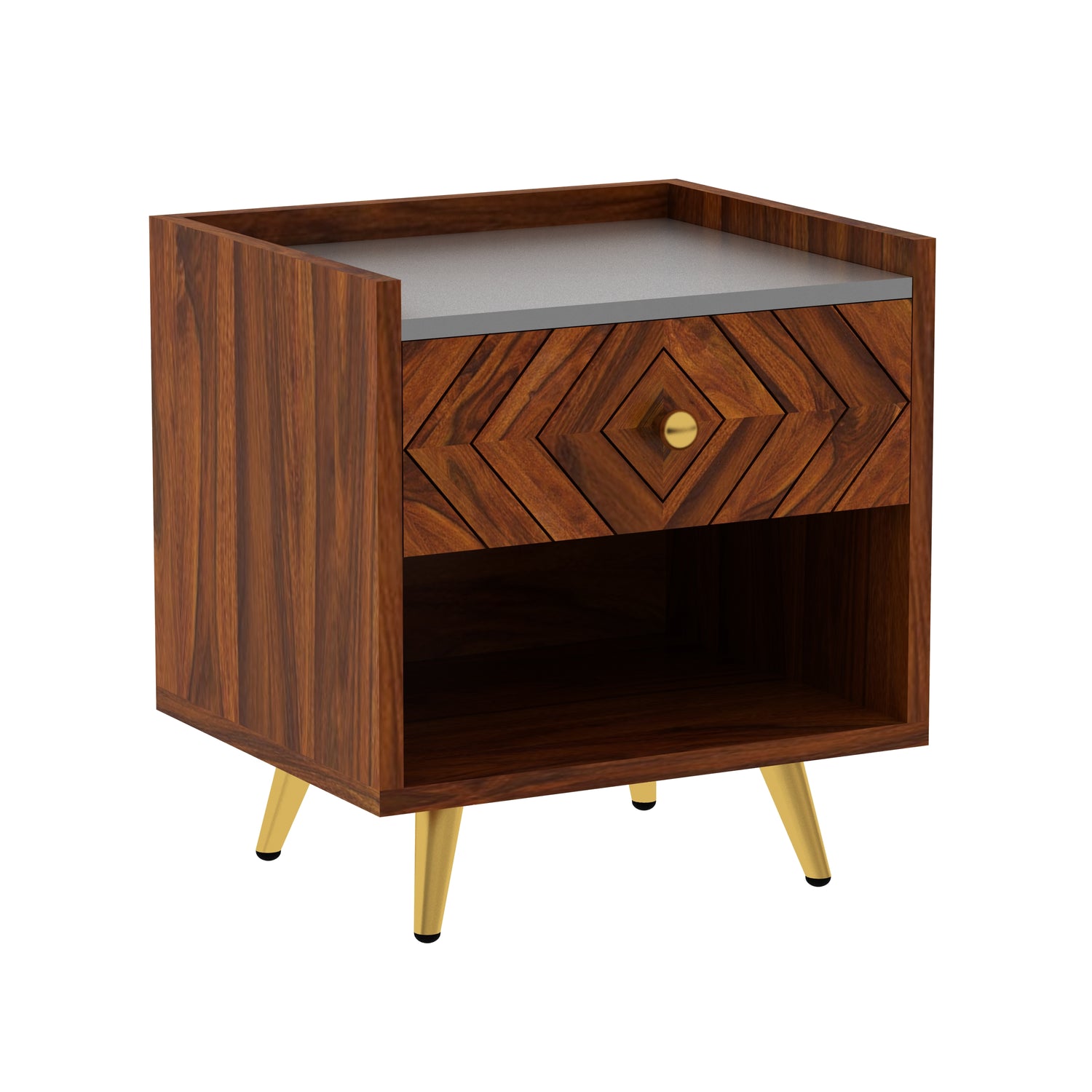 Wave Solid Sheesham Wood Bedside With Gray Top and Storage - 3 Years Warranty