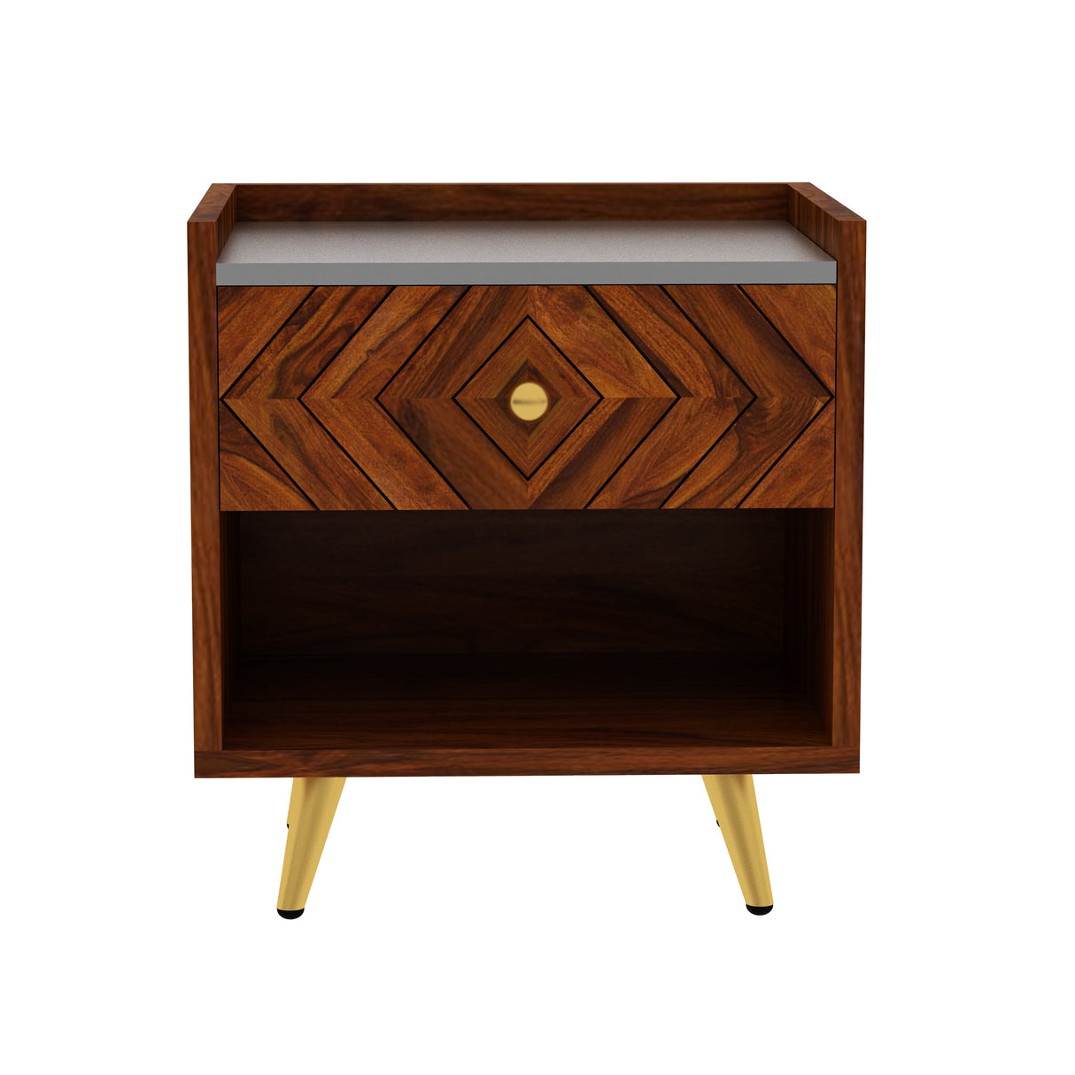 Wave Solid Sheesham Wood Bedside With Gray Top and Storage - 3 Years Warranty