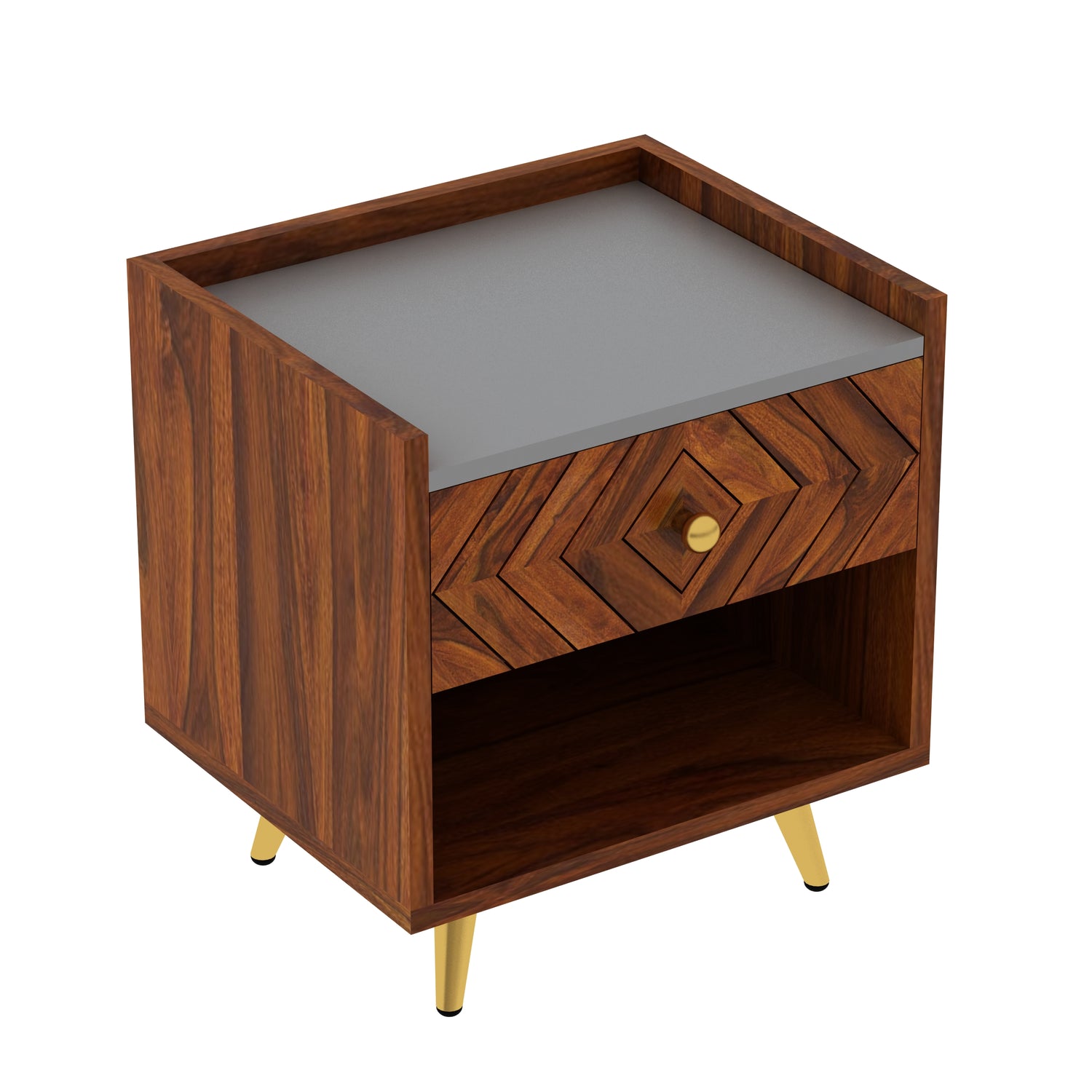 Wave Solid Sheesham Wood Bedside With Gray Top and Storage - 3 Years Warranty