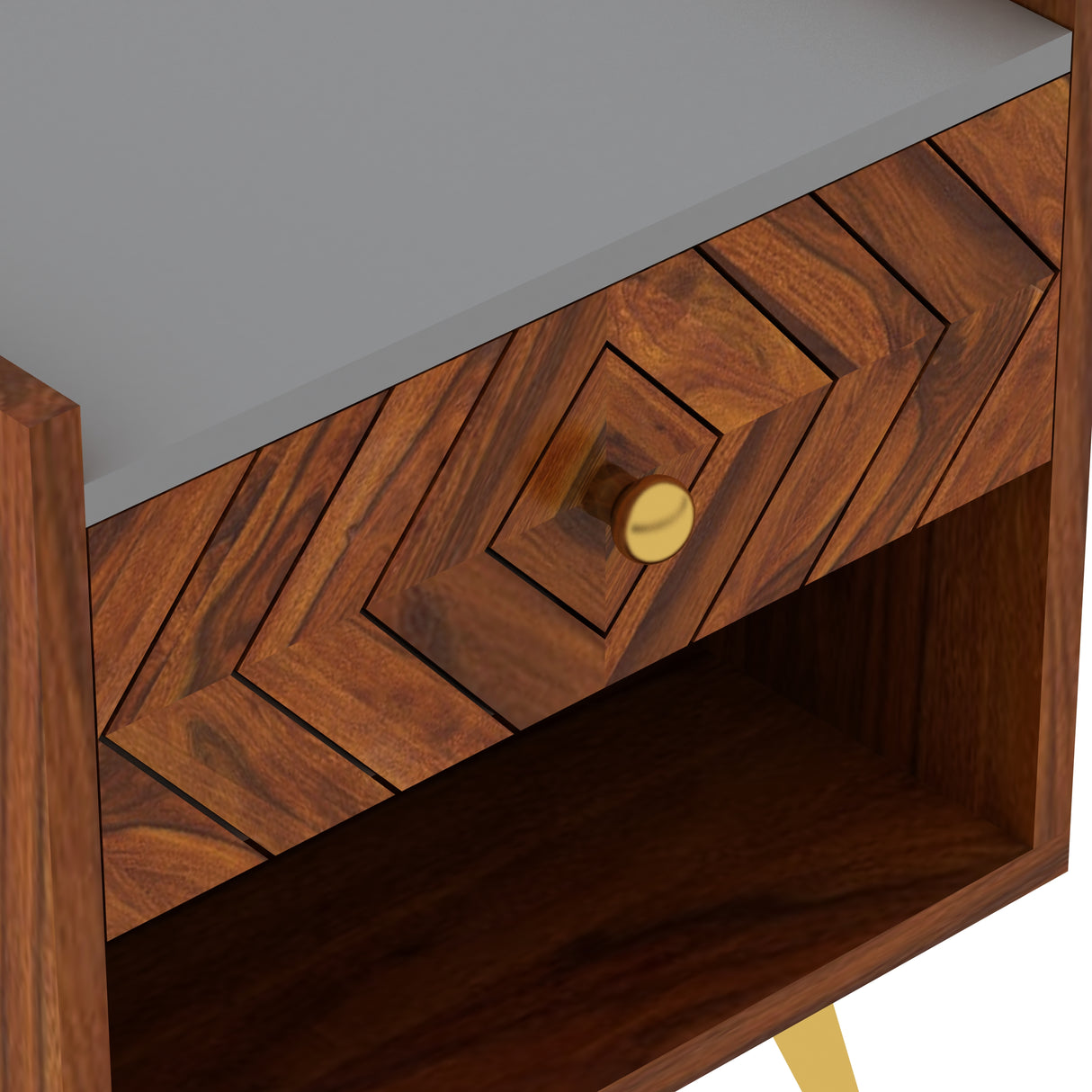 Wave Solid Sheesham Wood Bedside With Gray Top and Storage - 3 Years Warranty