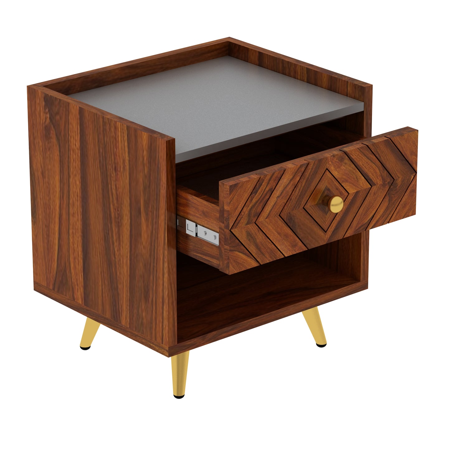 Wave Solid Sheesham Wood Bedside With Gray Top and Storage - 3 Years Warranty