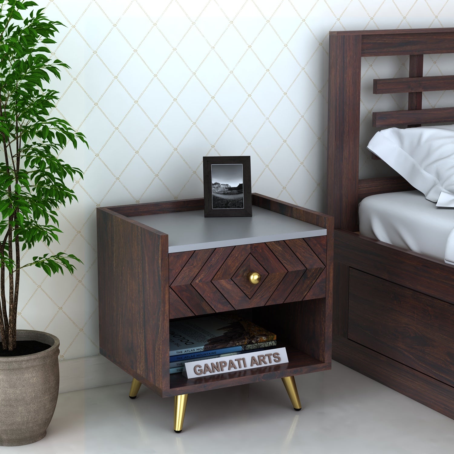 Wave Solid Sheesham Wood Bedside With Gray Top and Storage - 3 Years Warranty