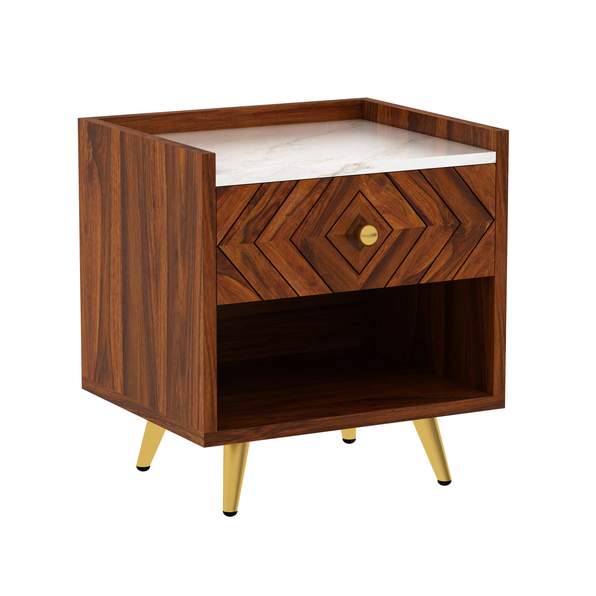 Wave Solid Sheesham Wood Bedside With Marble Top and Storage - 3 Years Warranty