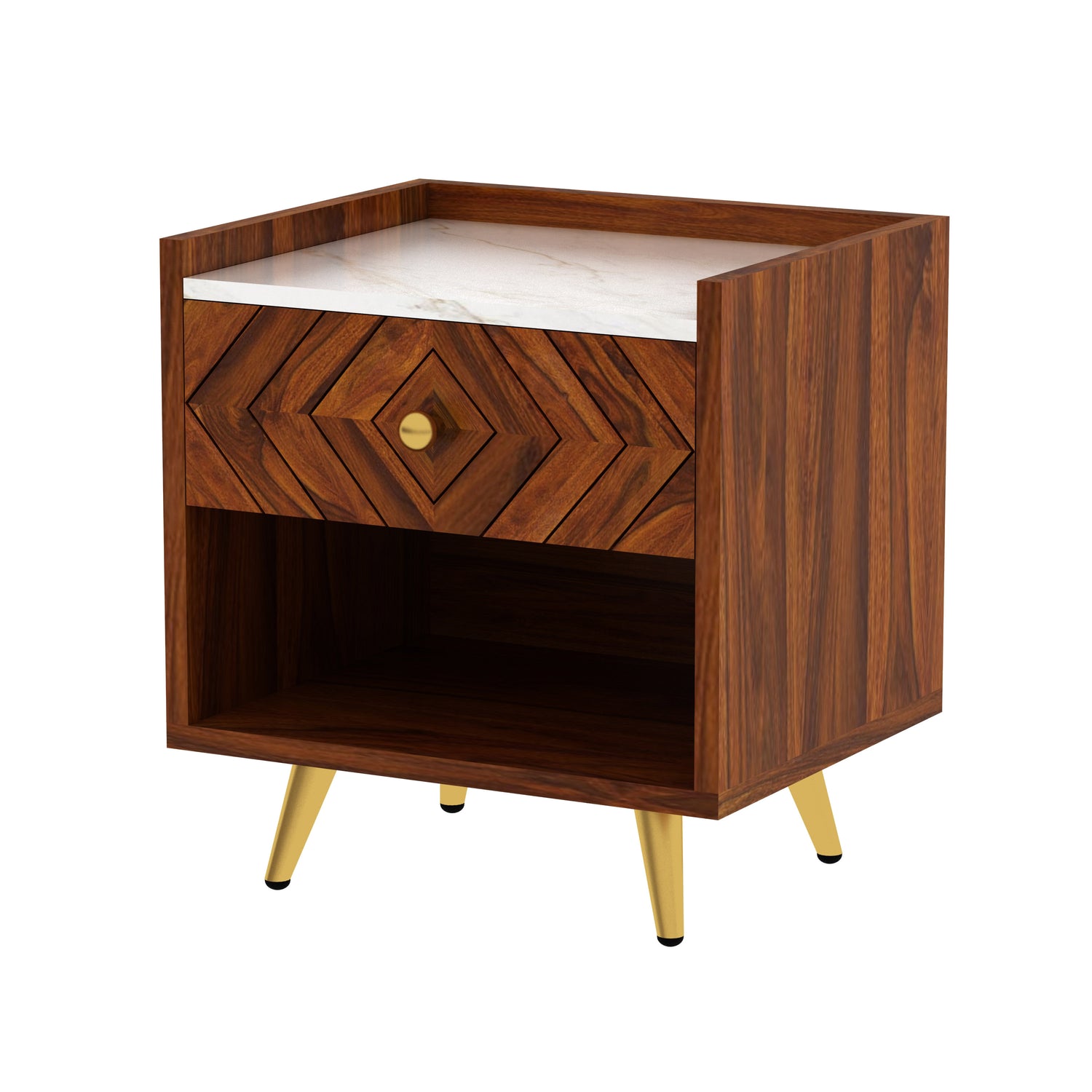 Wave Solid Sheesham Wood Bedside With Marble Top and Storage - 3 Years Warranty