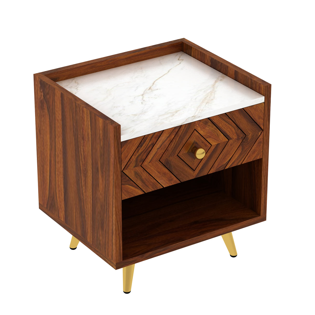 Wave Solid Sheesham Wood Bedside With Marble Top and Storage - 3 Years Warranty