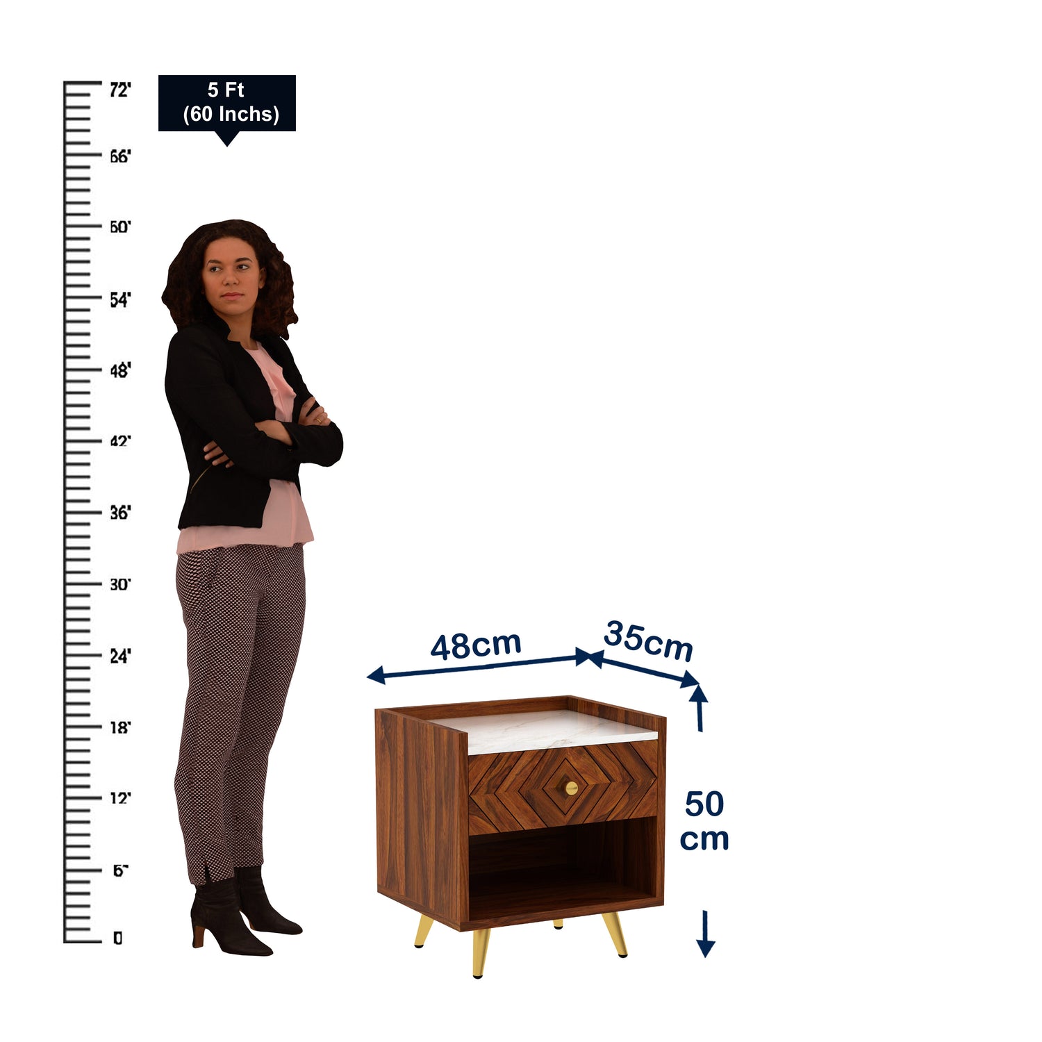 Wave Solid Sheesham Wood Bedside With Marble Top and Storage - 3 Years Warranty