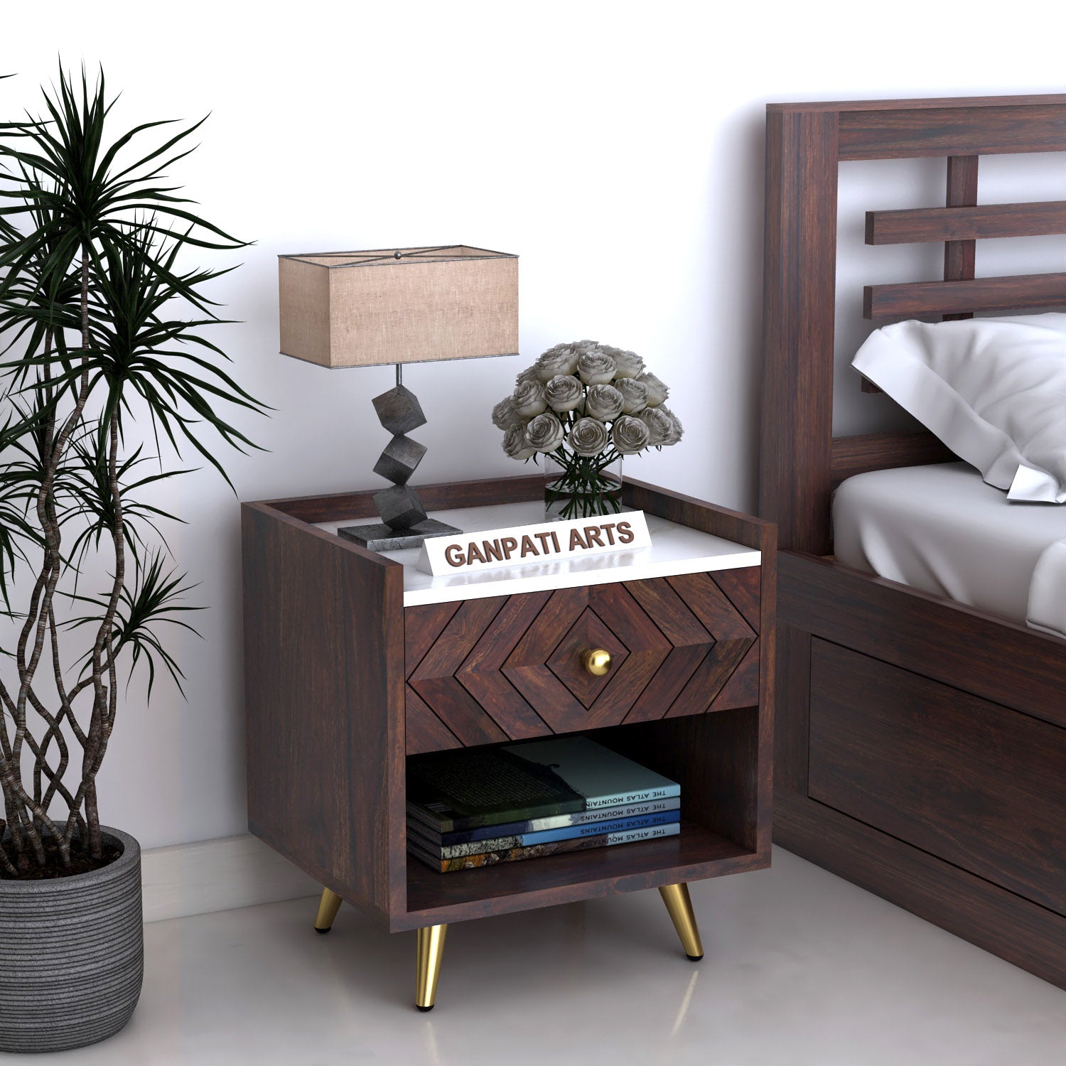 Wave Solid Sheesham Wood Bedside With Marble Top and Storage - 3 Years Warranty