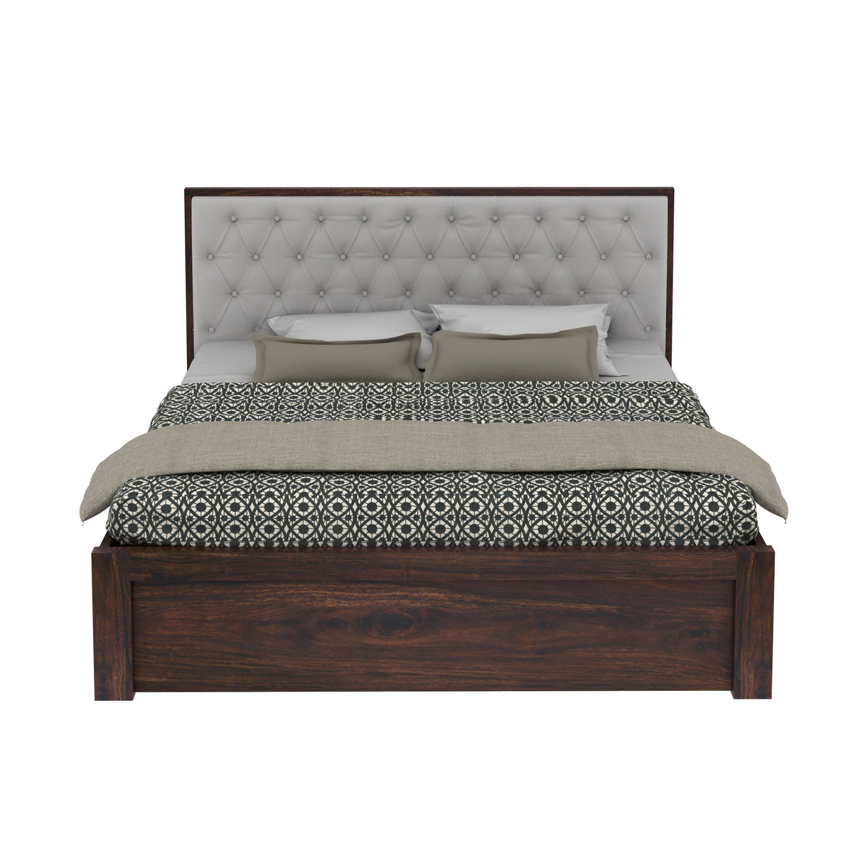 Decan Solid Sheesham Wood Bed with Hydraulic Storage and Upholstery Headboard - 3 Years Warranty