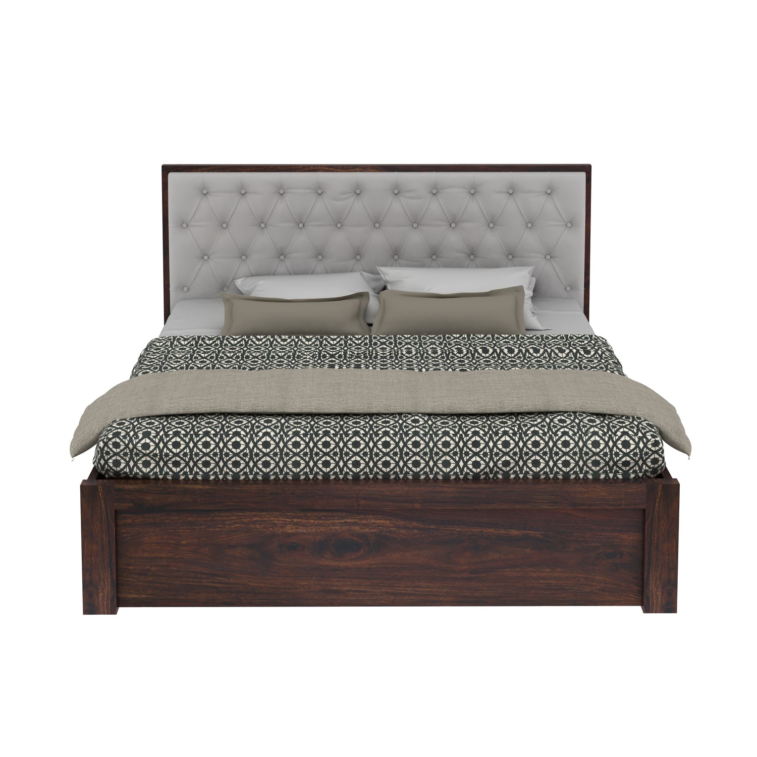 Decan Solid Sheesham Wood Bed with Hydraulic Storage and Upholstery Headboard - 3 Years Warranty