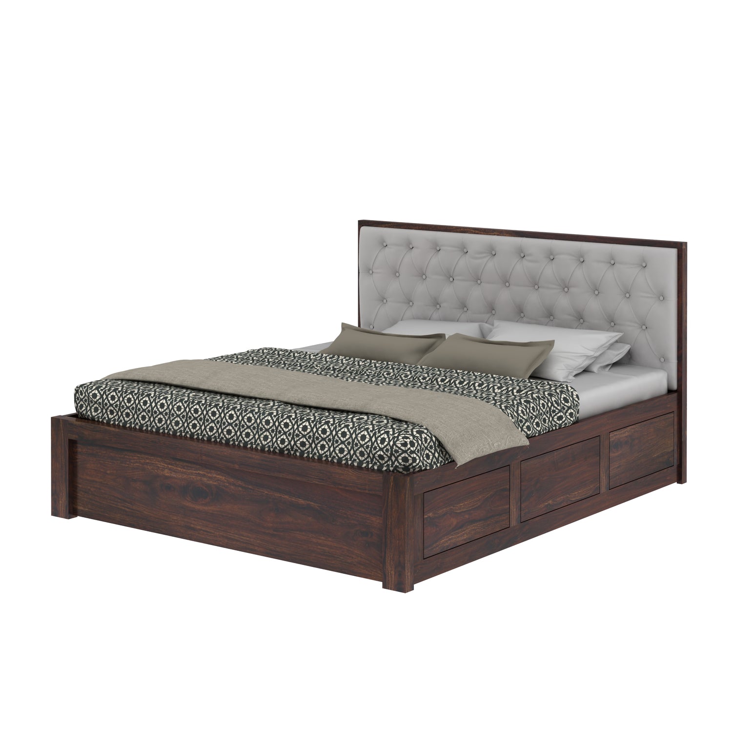 Decan Solid Sheesham Wood Bed with Hydraulic Storage and Upholstery Headboard - 3 Years Warranty