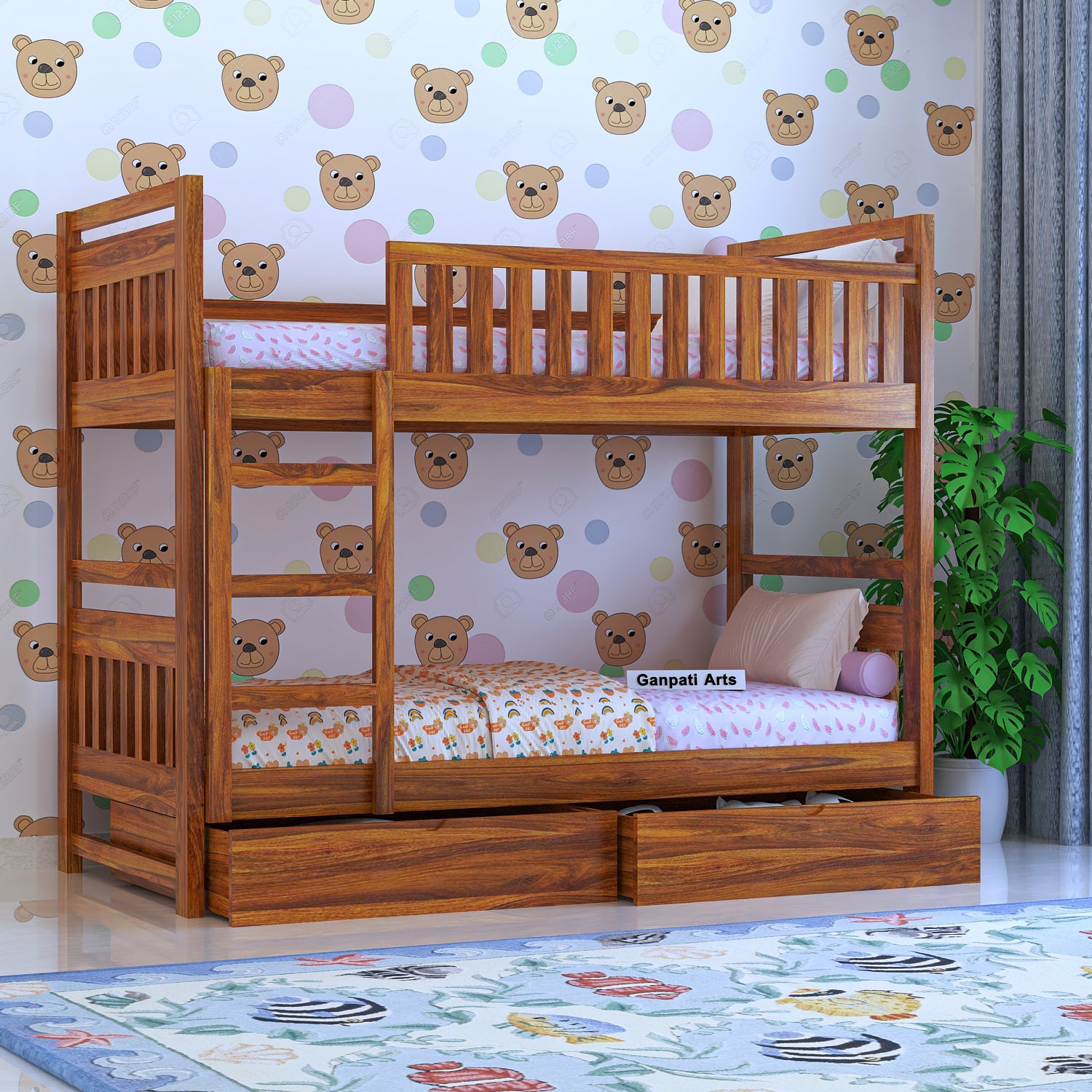 Swift Solid Sheesham Wood Bunk Bed With Ladder & Two Drawer Storage - 3 years Warranty