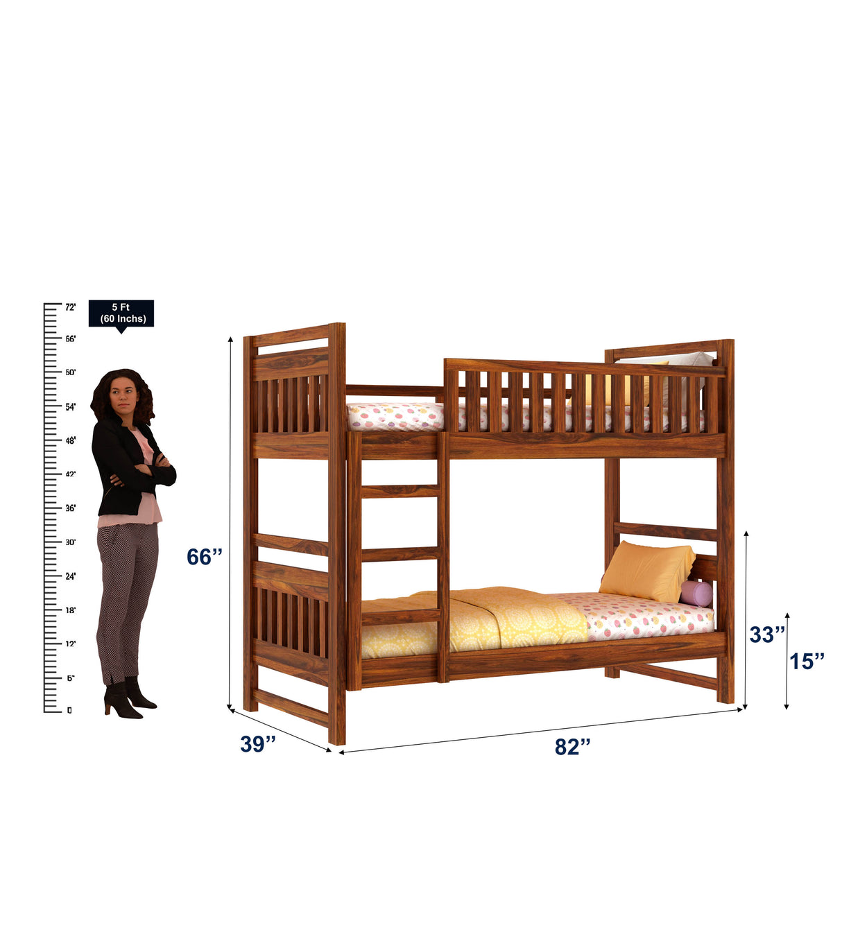 Swift Solid Sheesham Wood Bunk Bed Without Storage - 3 years Warranty