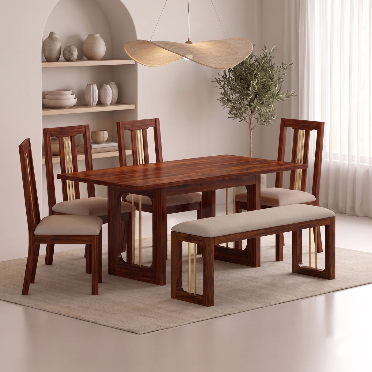 Edin Solid Sheesham Wood 6 Seater Dining Set With 4 Chairs and Bench - 3 Years Warranty