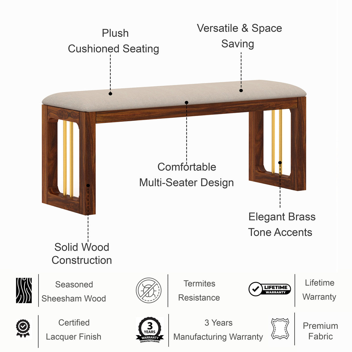 Edin Solid Sheesham Wood 6 Seater Dining Set With 4 Chairs and Bench - 3 Years Warranty