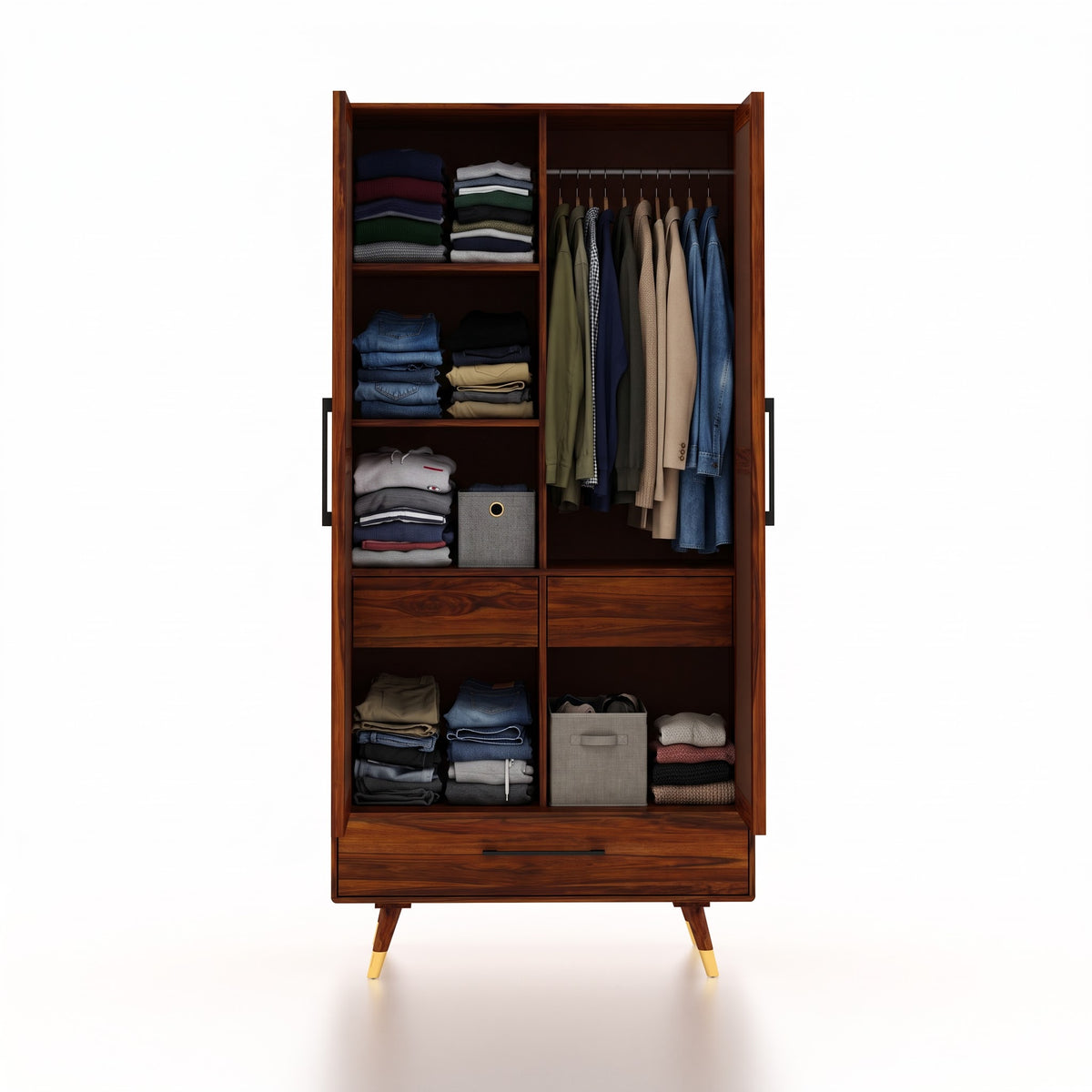 Riverton Solid Sheesham Wood Wardrobe With Two Doors and Drawer - 3-Year Warranty