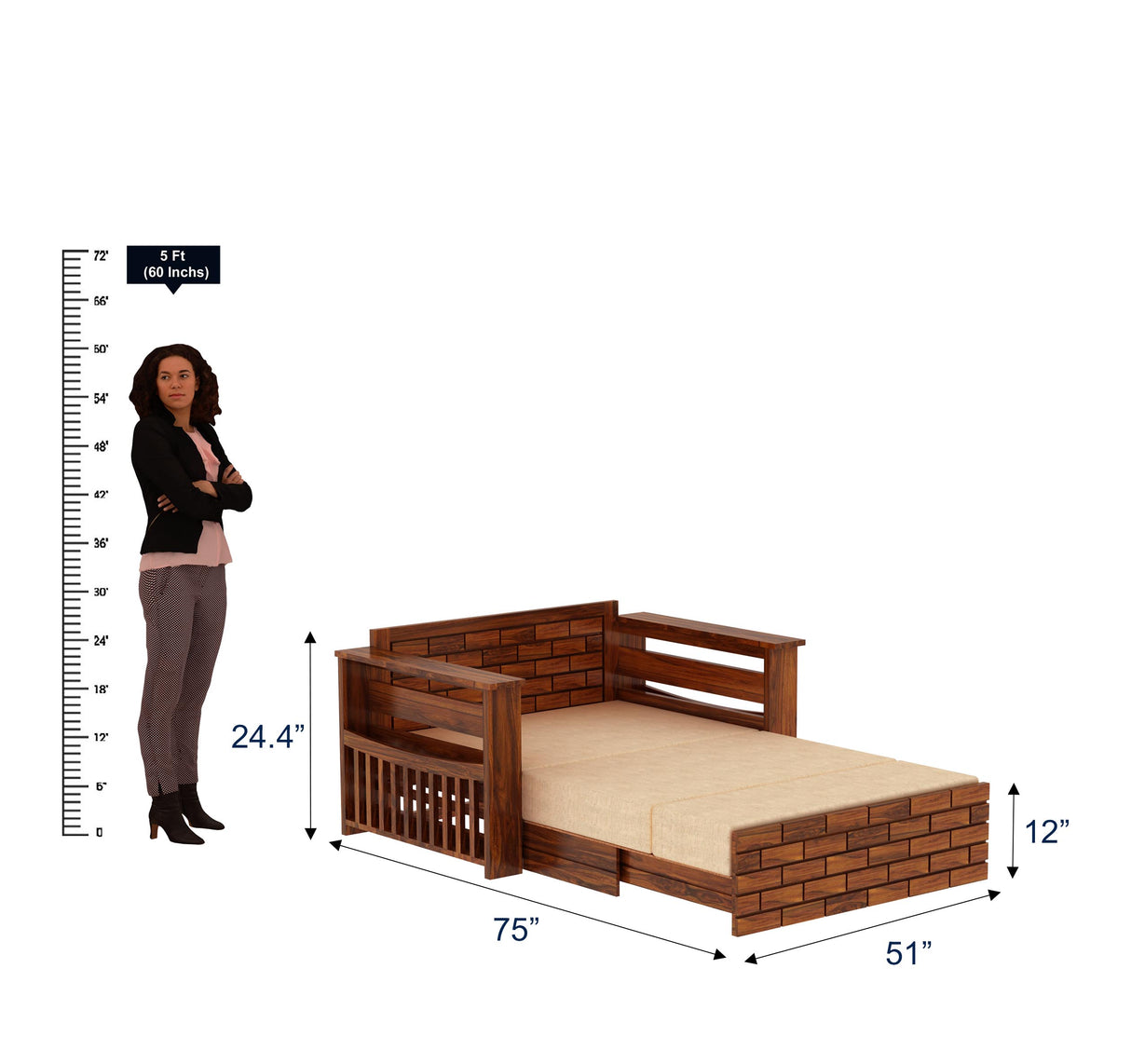 Italian Solid Sheesham Wood 2 Seater Sofa Cum Bed With Headboard and Mini Storage - 3 Years Warranty
