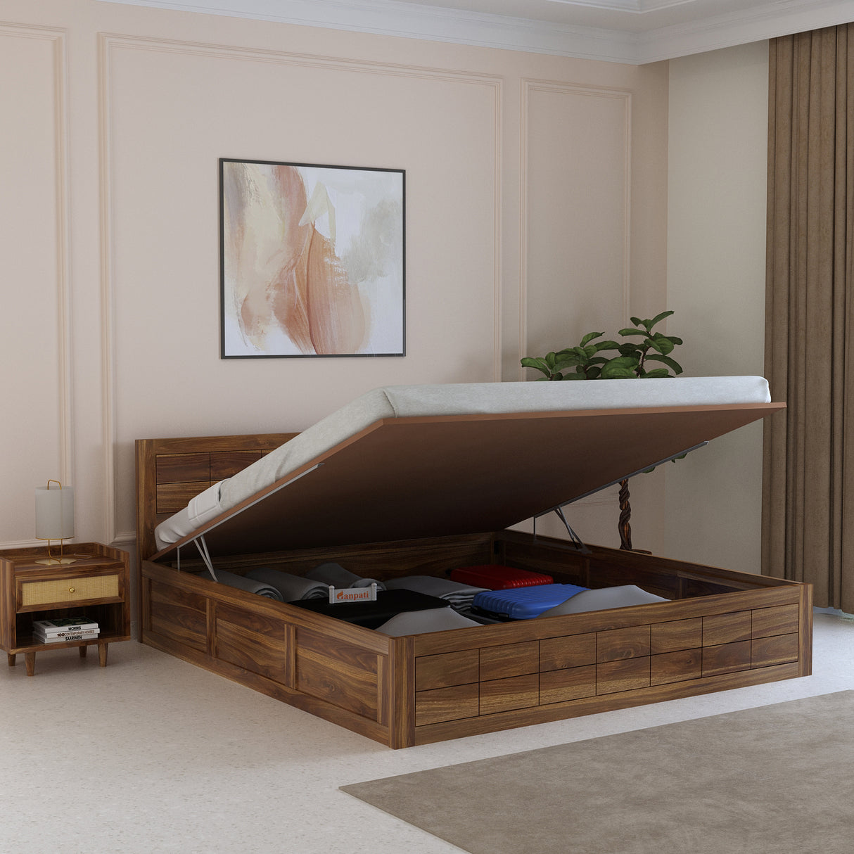 SKYLER Solid Sheesham Wood Hydraulic Storage Bed - 3 years Warranty
