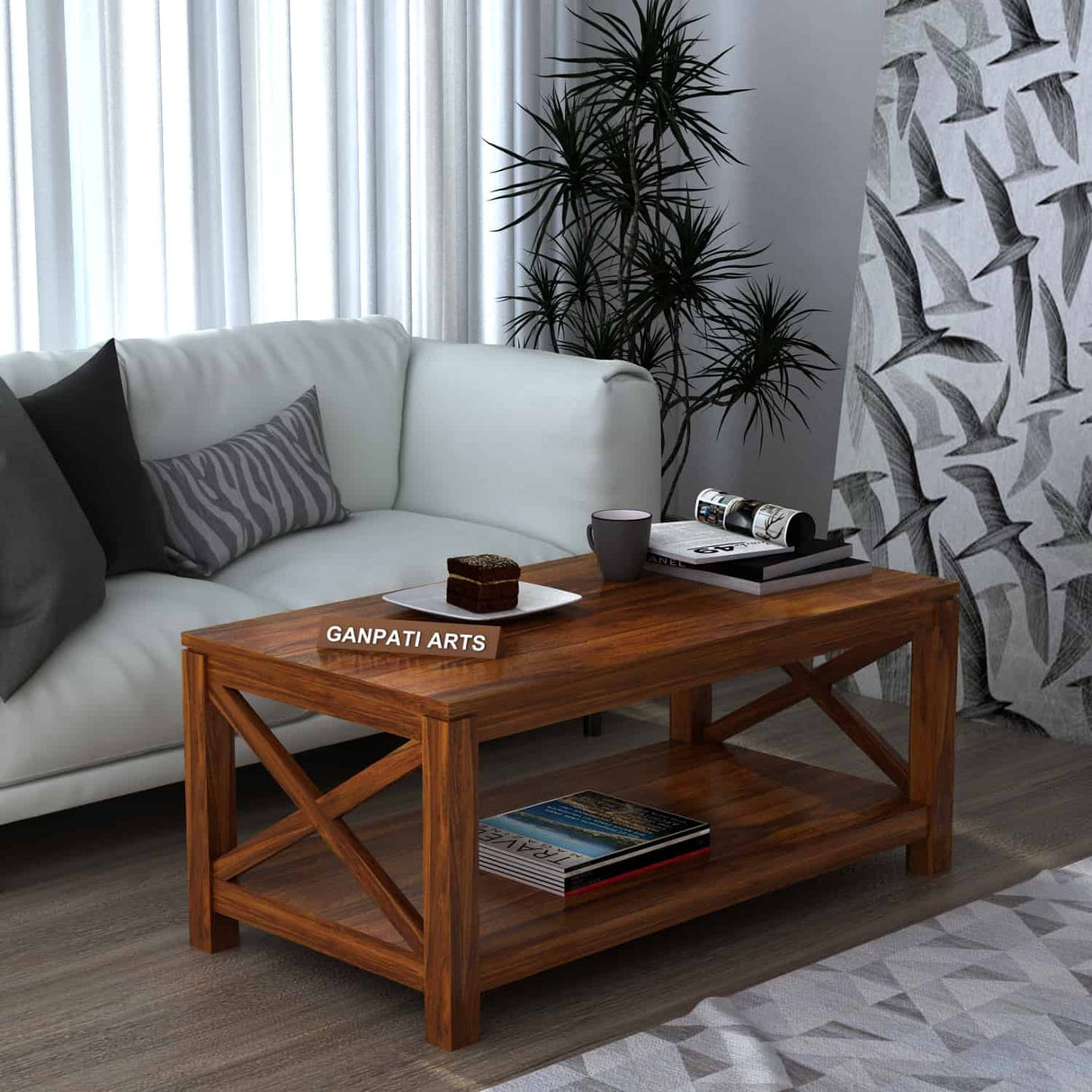 CROSS Solid Sheesham Wood Coffee Table With Shelf - 3 Years Warranty