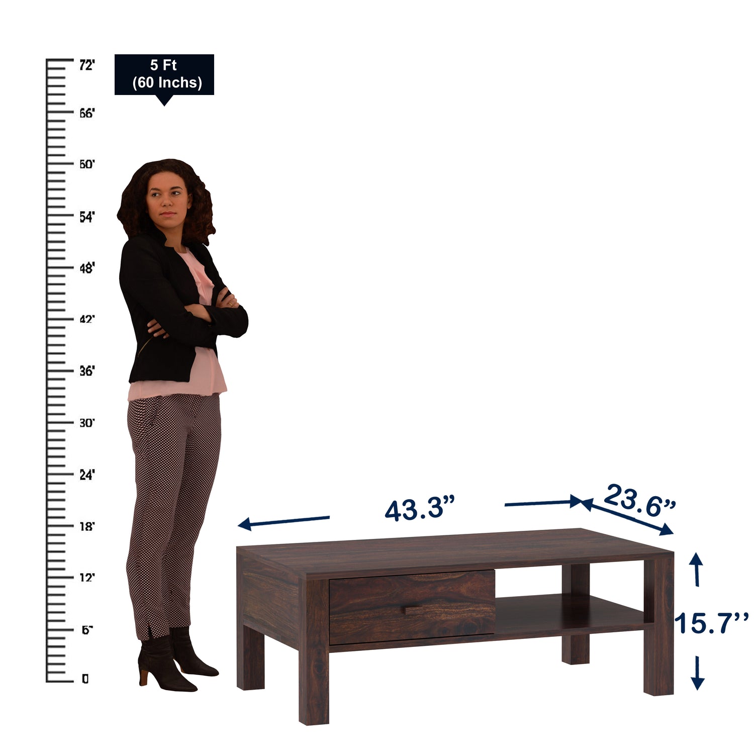 Lurid Solid Sheesham Wood Coffee Table With Drawer - 3 Years Warranty
