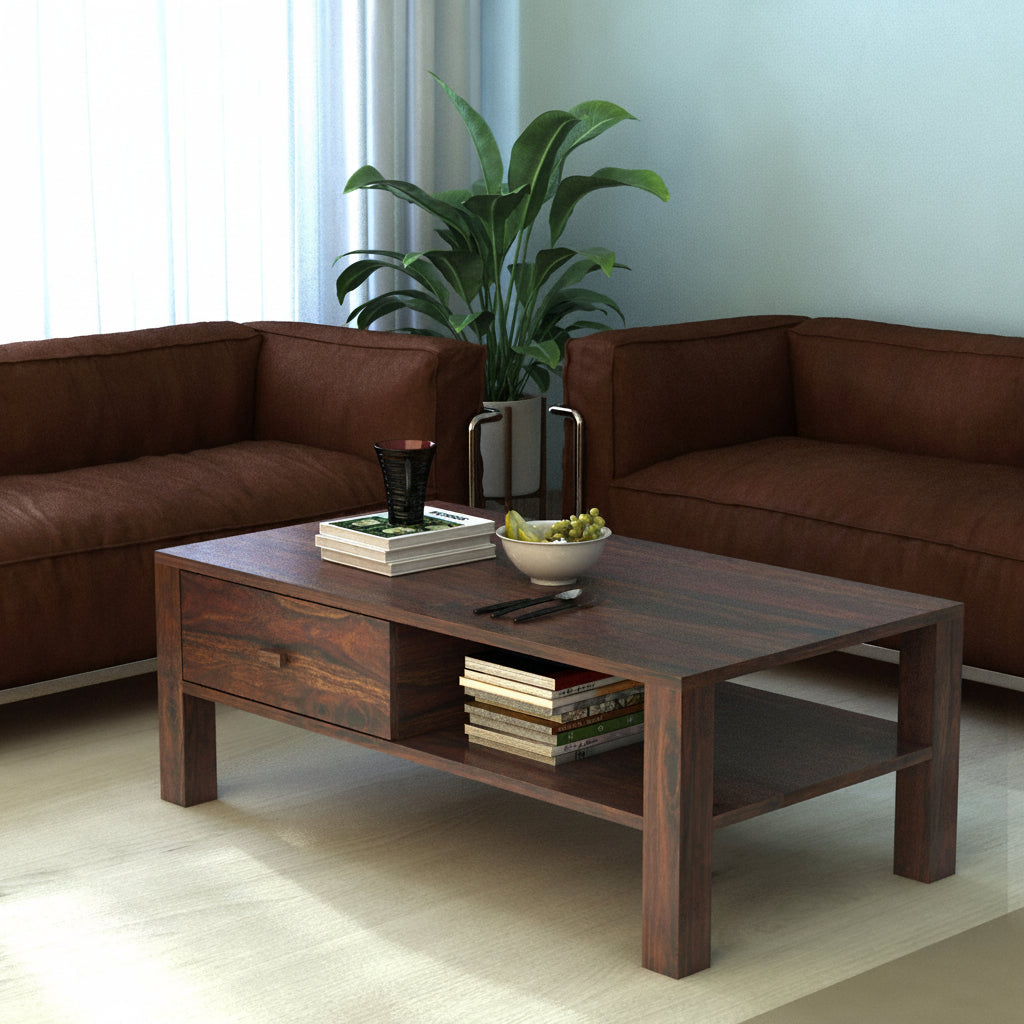 Lurid Solid Sheesham Wood Coffee Table With Drawer - 3 Years Warranty
