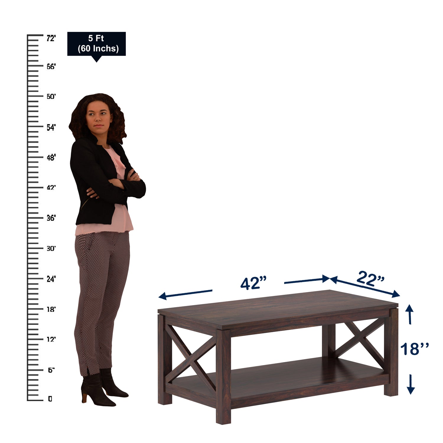 CROSS Solid Sheesham Wood Coffee Table With Shelf - 3 Years Warranty