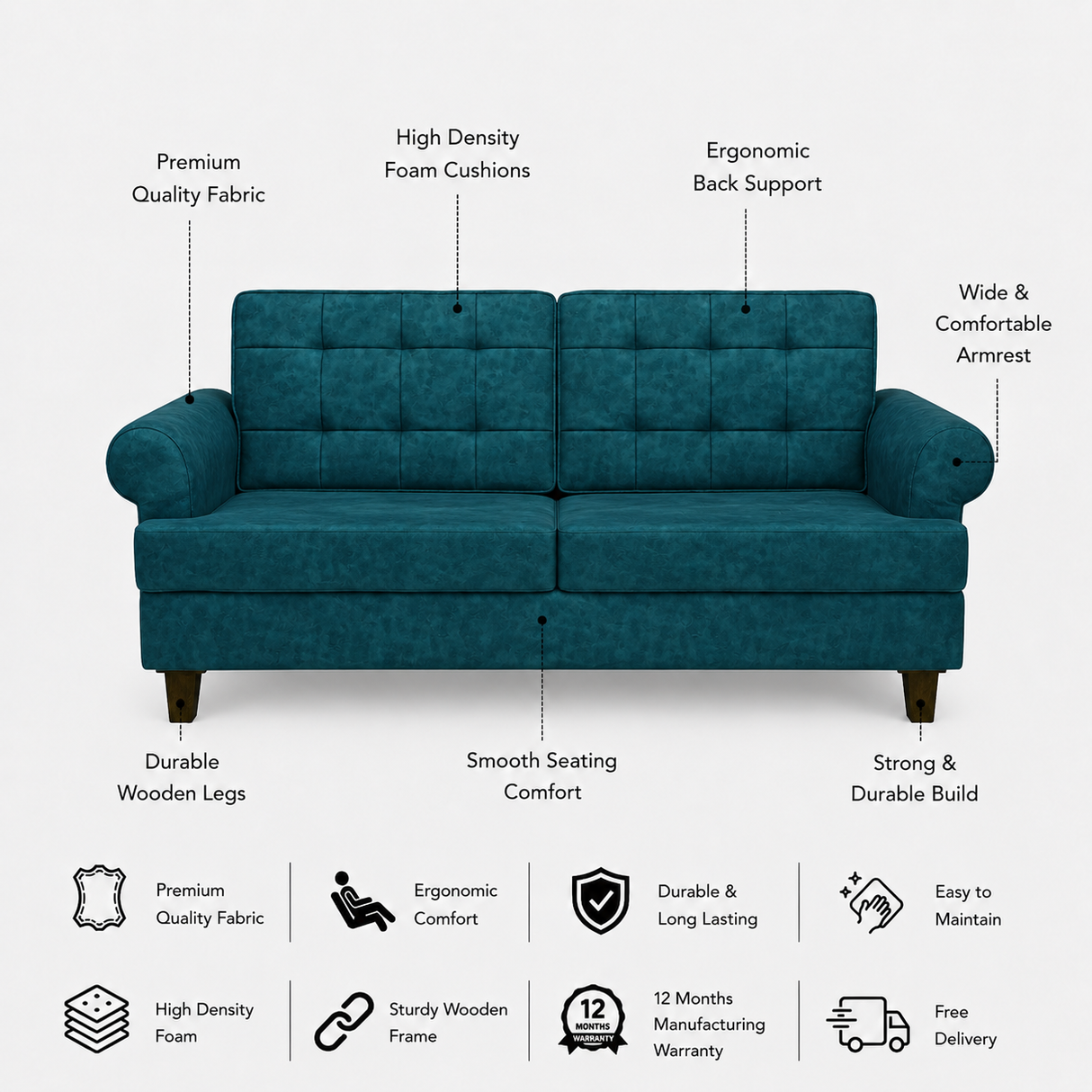 FABRIO Three Seater Upholstered Sofa Velvet - 12 Months Warranty - Ocean Suede