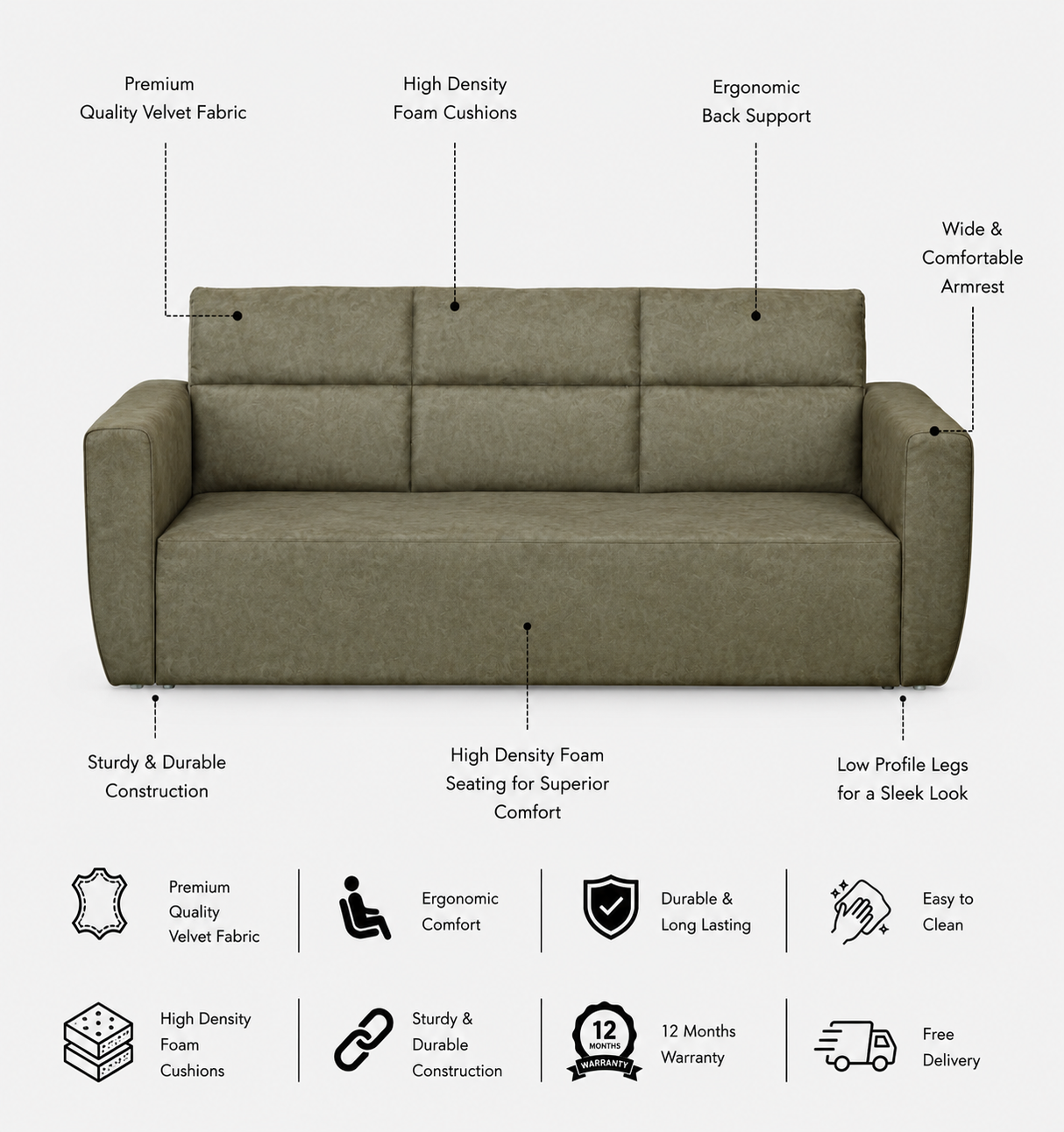 Roman Three Seater Upholstered Sofa Velvet - 12 Months Warranty - Beige Suede