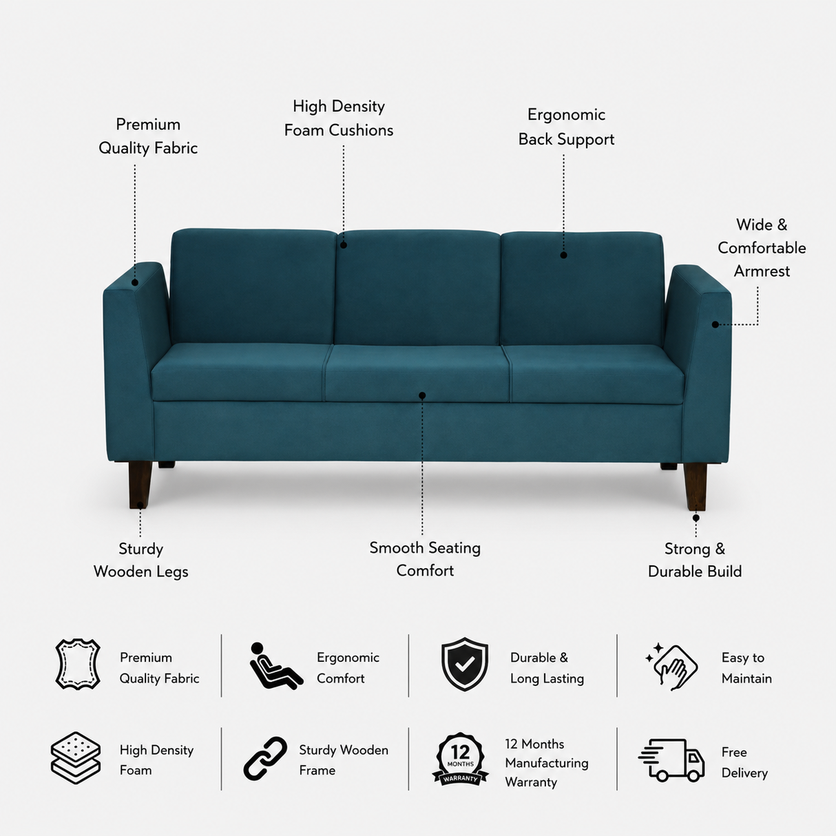 MANALI Three Seater Upholstered Sofa Velvet - 12 Months Warranty