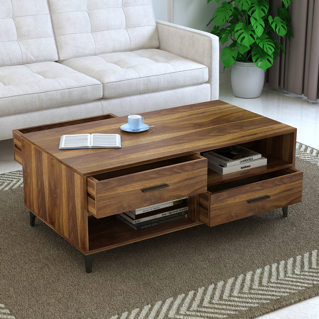 BOLT Solid Sheesham Wood Coffee Table With Four Drawers - 3 Years Warranty