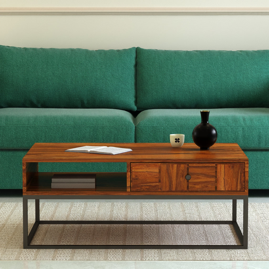 SCOTT Solid Sheesham Wood Coffee Table With One Drawer - 3 Years Warranty