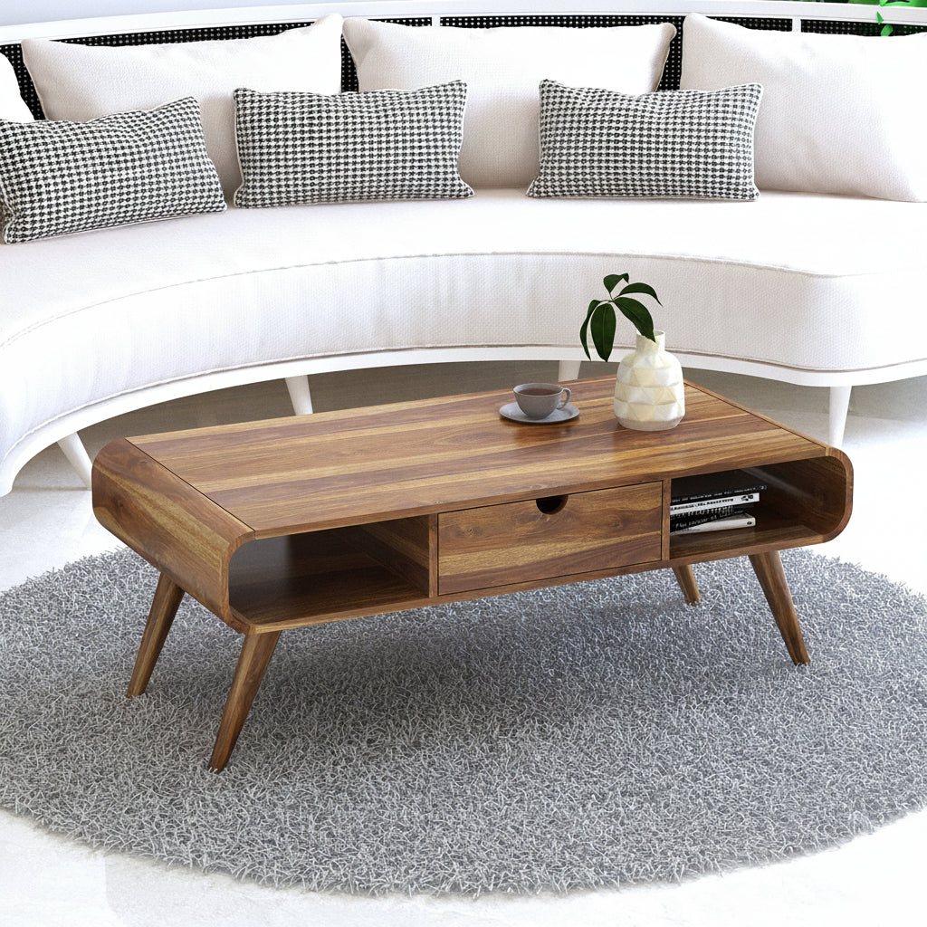 ELLEY Solid Sheesham Wood Coffee Table With One Drawer - 3 Years Warranty
