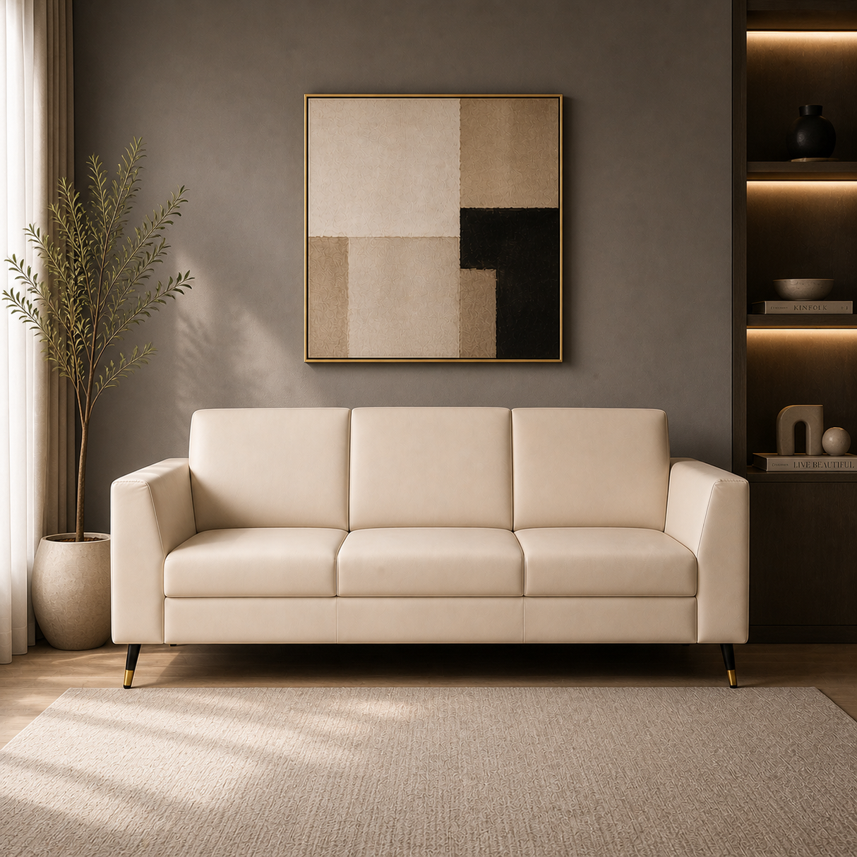 CUBA Three Seater Upholstered Sofa Velvet - 12 Months Warranty - Beige Swed