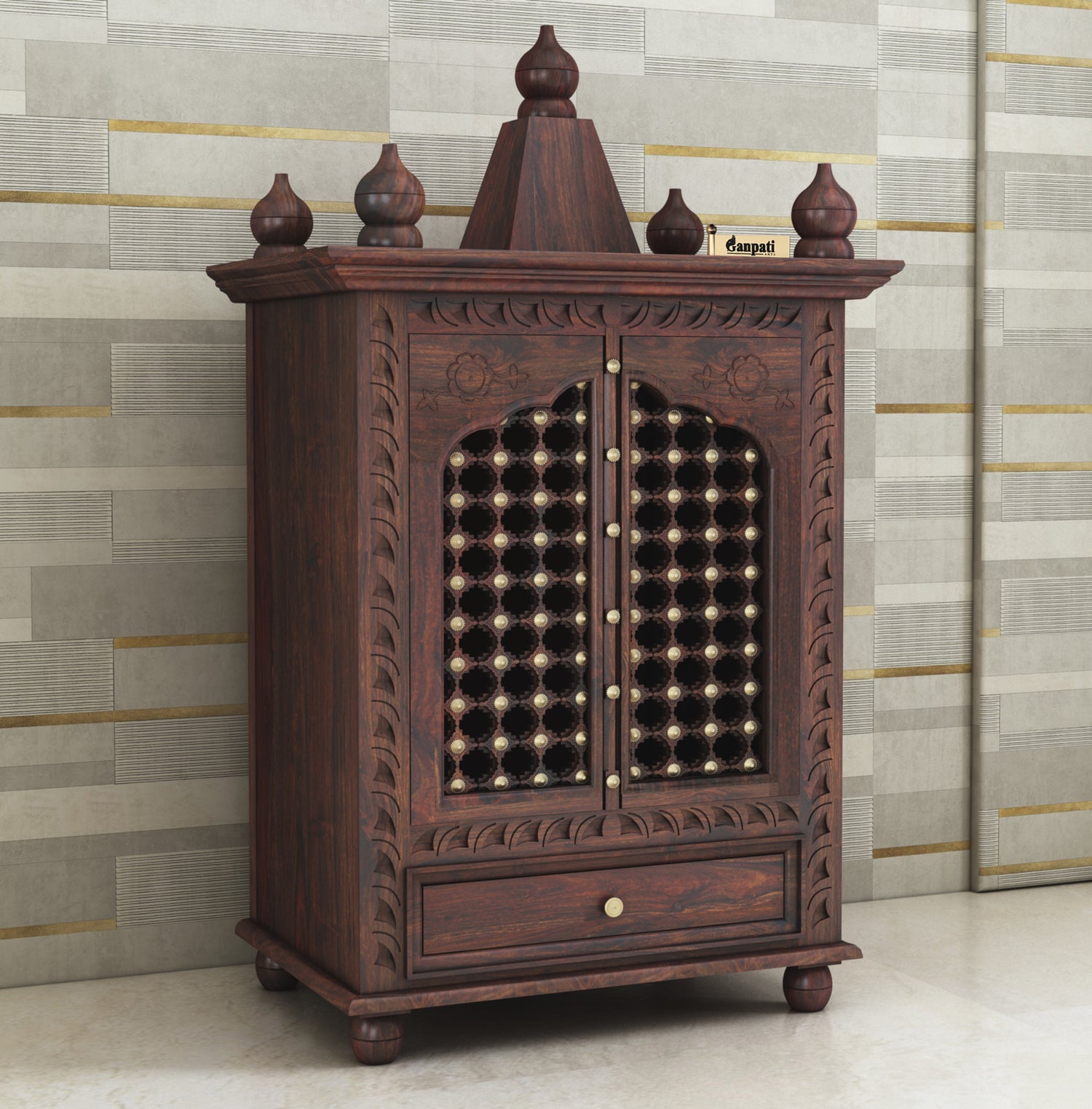 Brass Solid Sheesham Wood Mandir - 3 Years Warranty