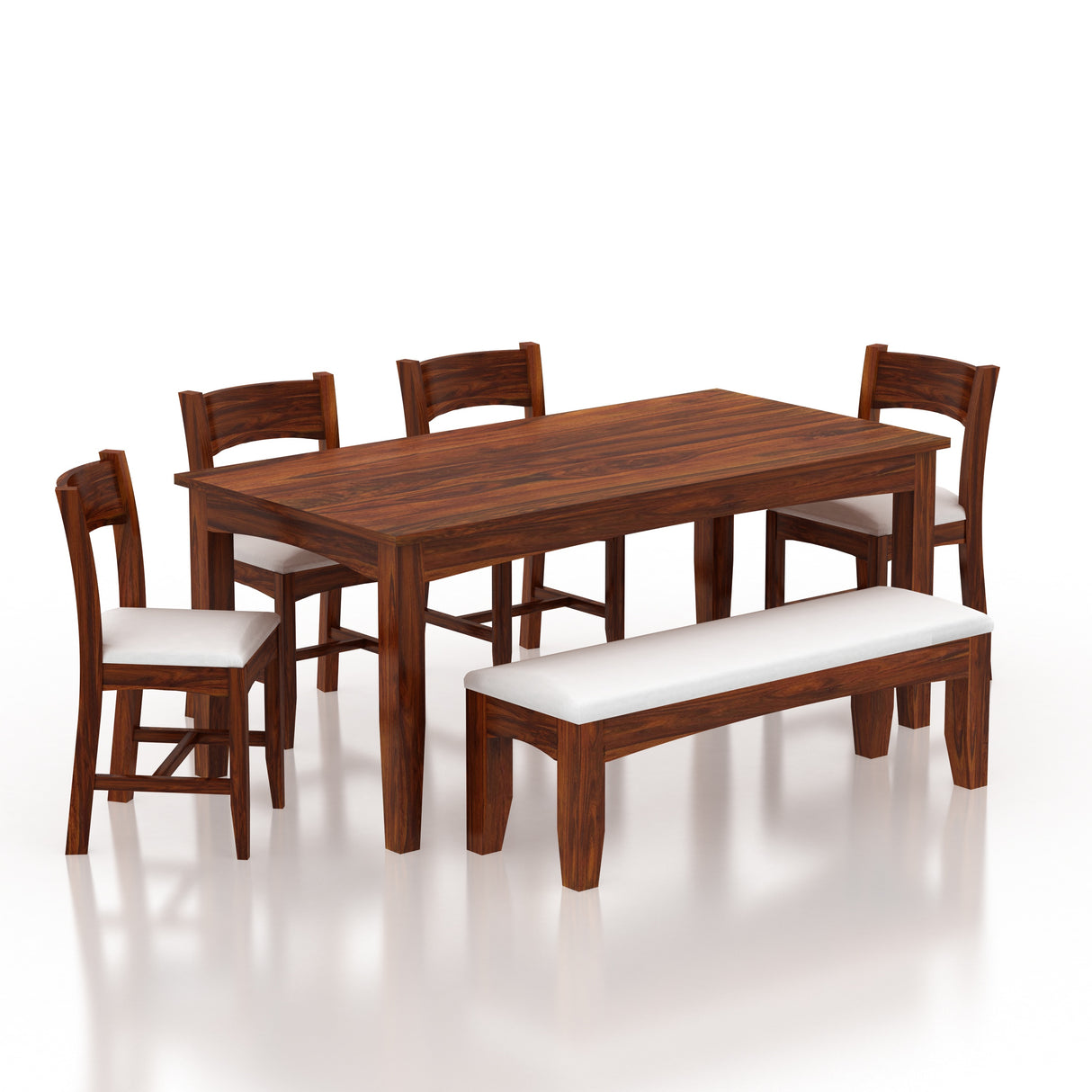 Crown Solid Sheesham Wood 6 Seater Dining Table Set With Bench - 3 Years Warranty