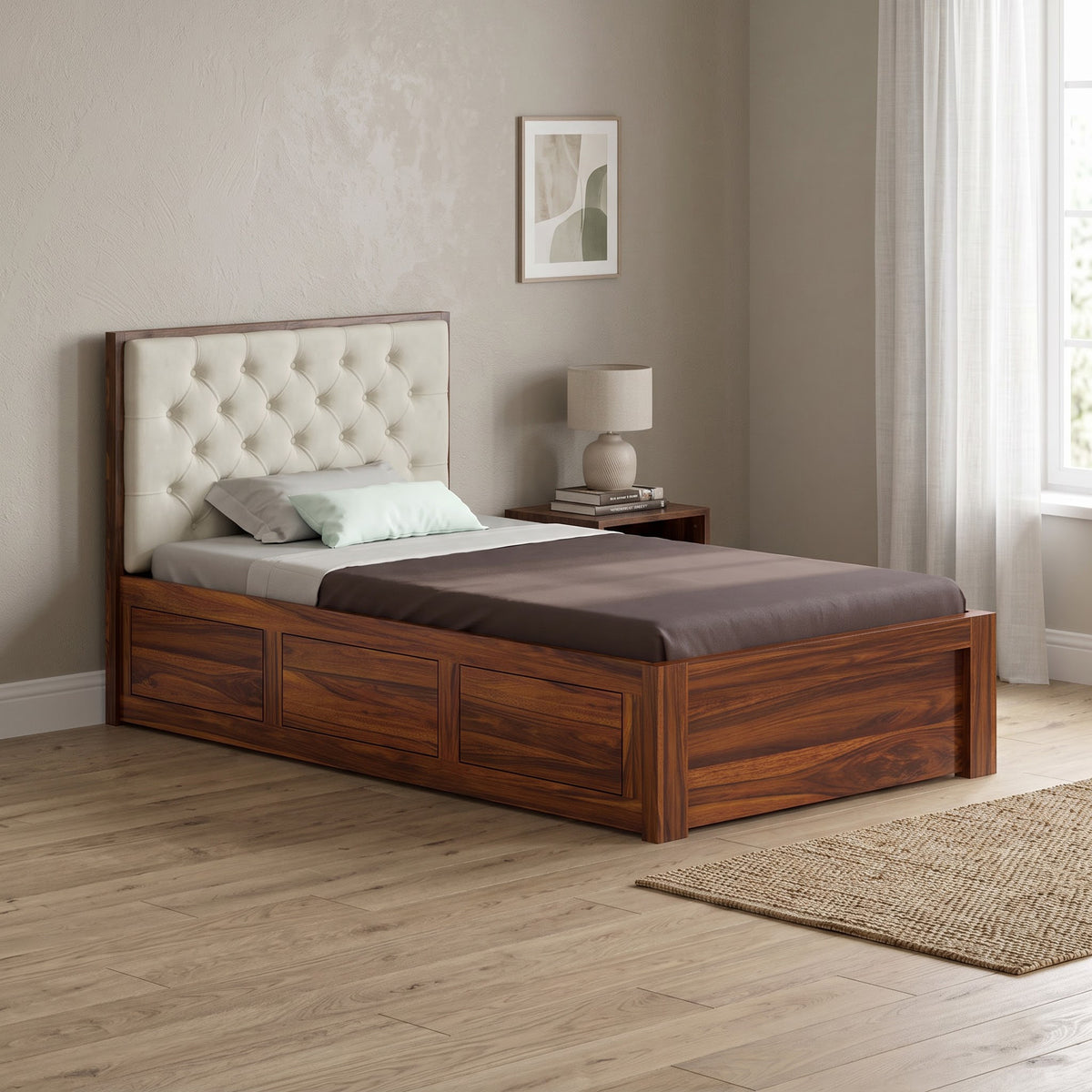 Decan Solid Sheesham Wood 4 Feet Bed With Box Storage - 3 Years Warranty