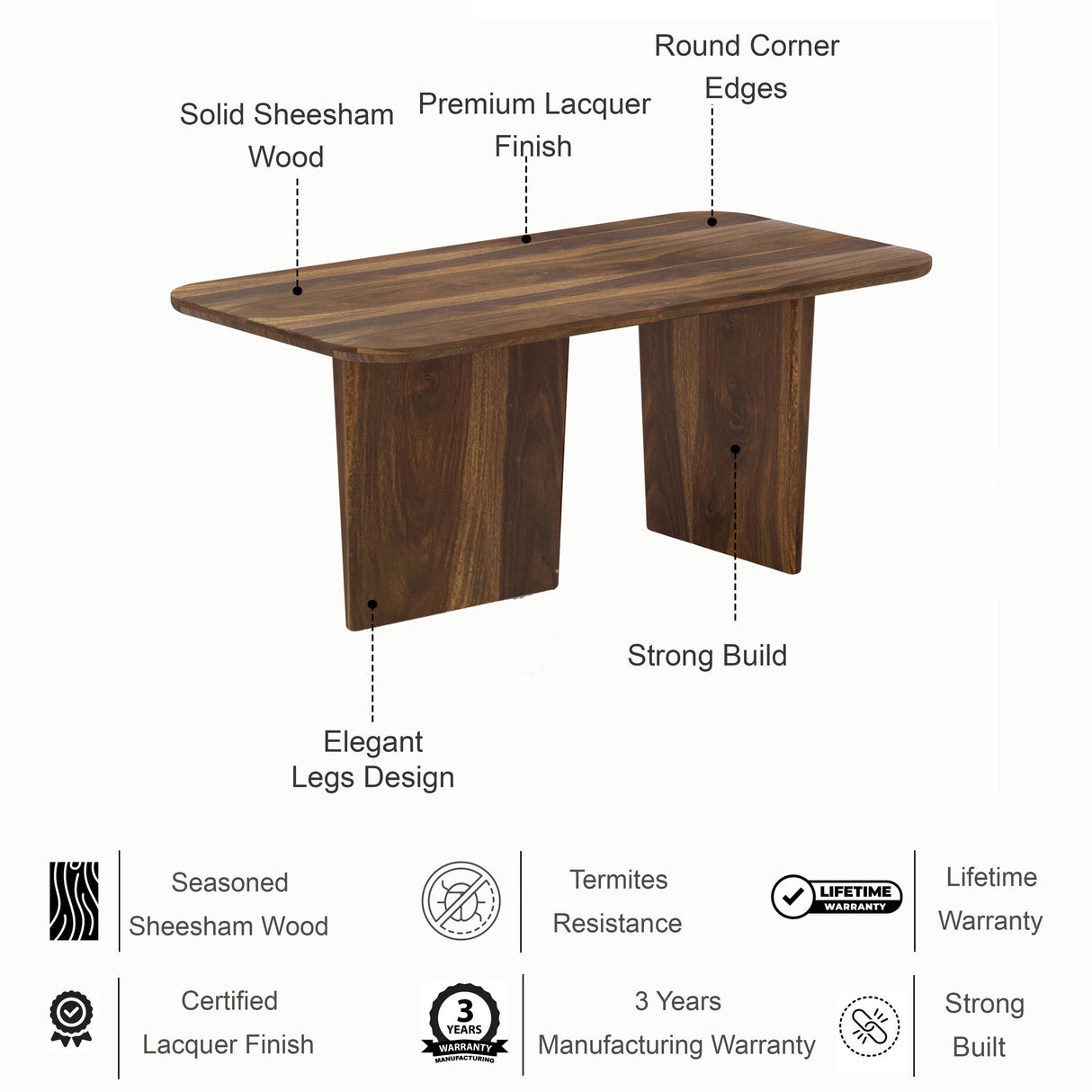 Lazio Solid Sheesham Wood 6 Seater Dining Table Set - 3 Years Warranty