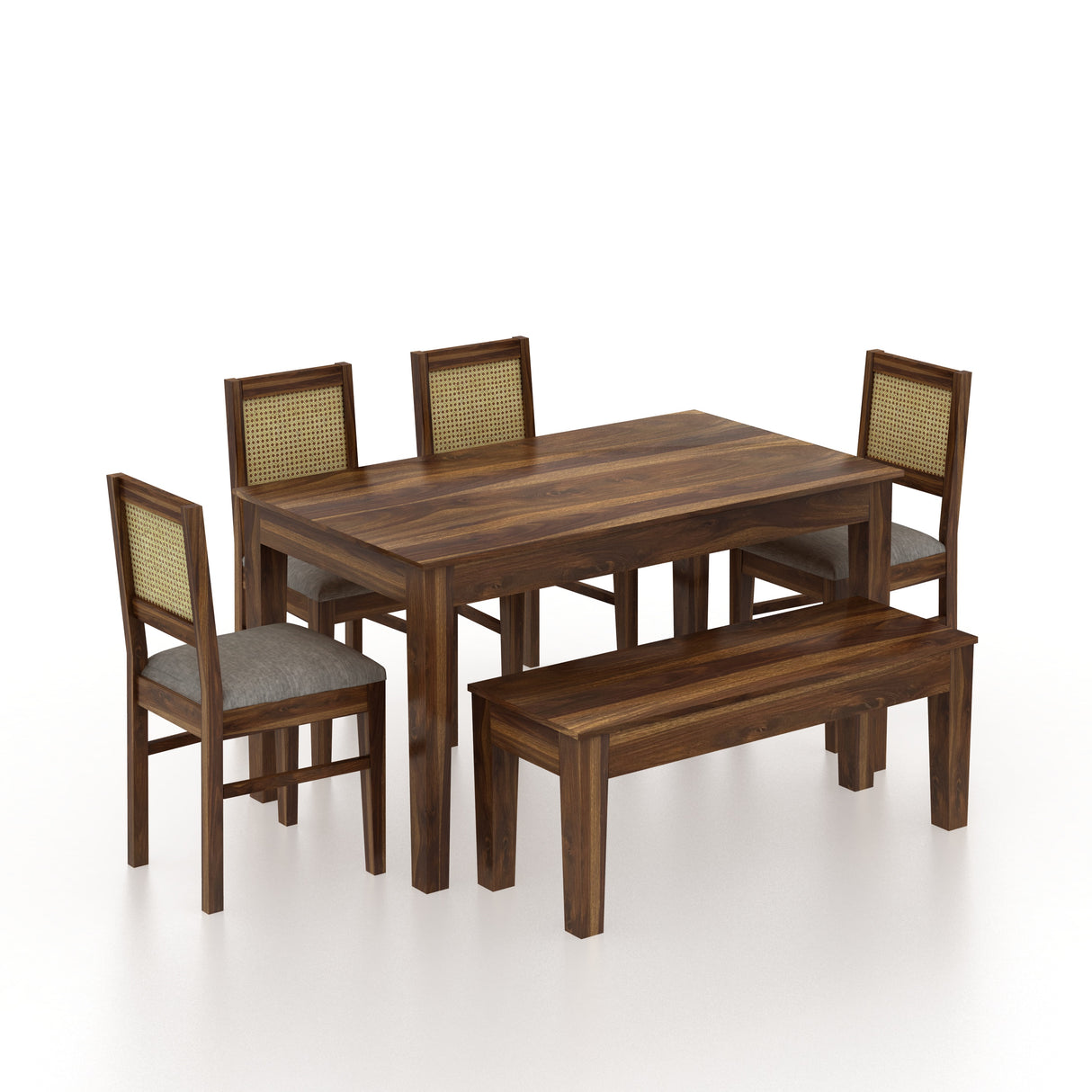 Syrus Rattan Solid Sheesham Wood 6 Seater Dining Table Set- 3 Years Warranty