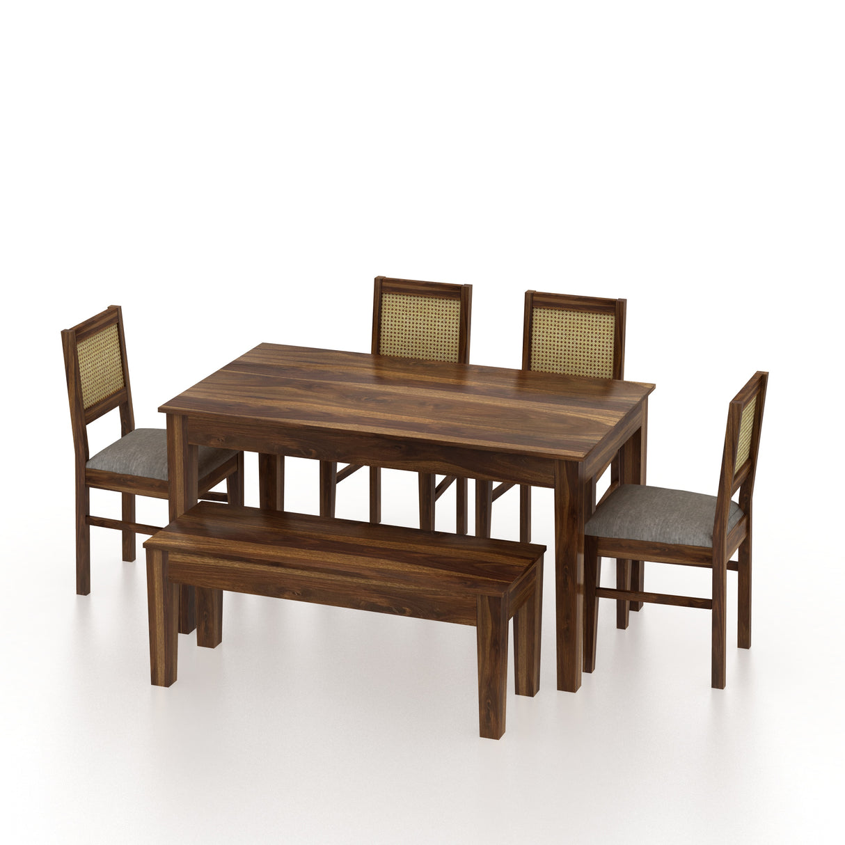Syrus Rattan Solid Sheesham Wood 6 Seater Dining Table Set- 3 Years Warranty