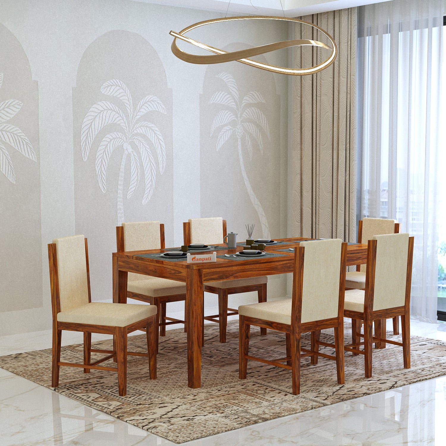Nirvana Solid Sheesham Wood 6 Seater Dining Table Set With Upholstered Chairs- 3 Years Warranty