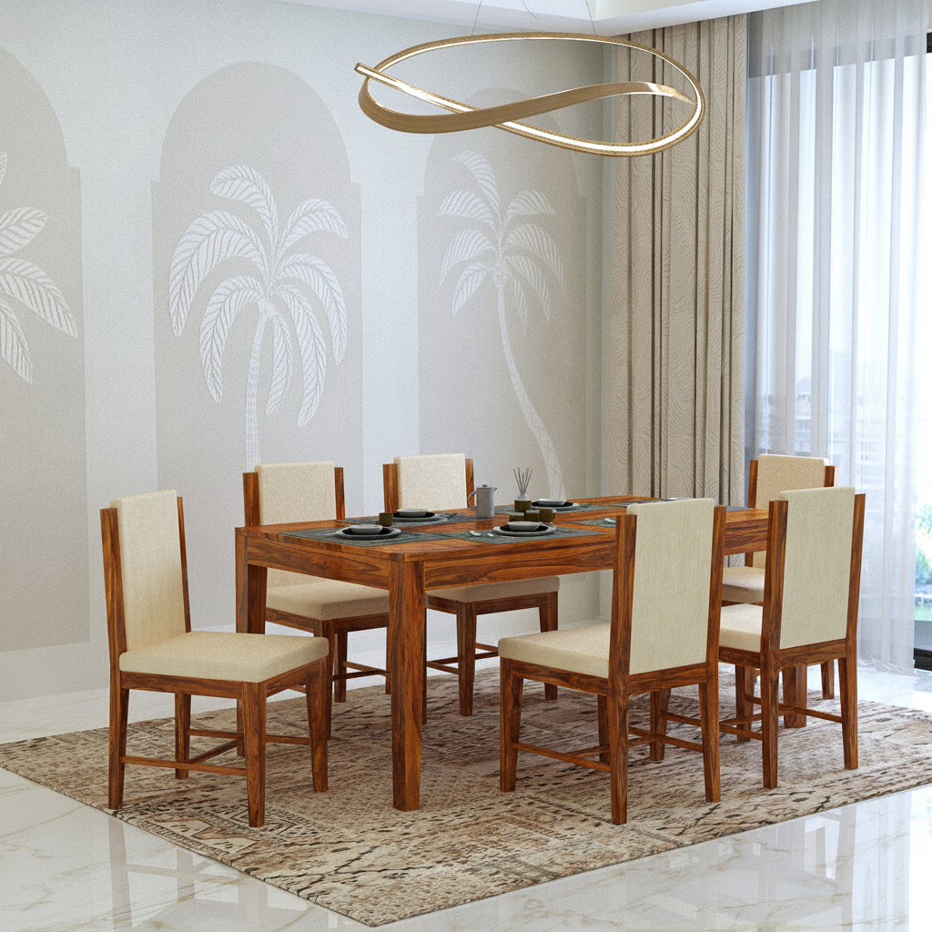 Nirvana Solid Sheesham Wood 6 Seater Dining Table Set With Upholstered Chairs- 3 Years Warranty