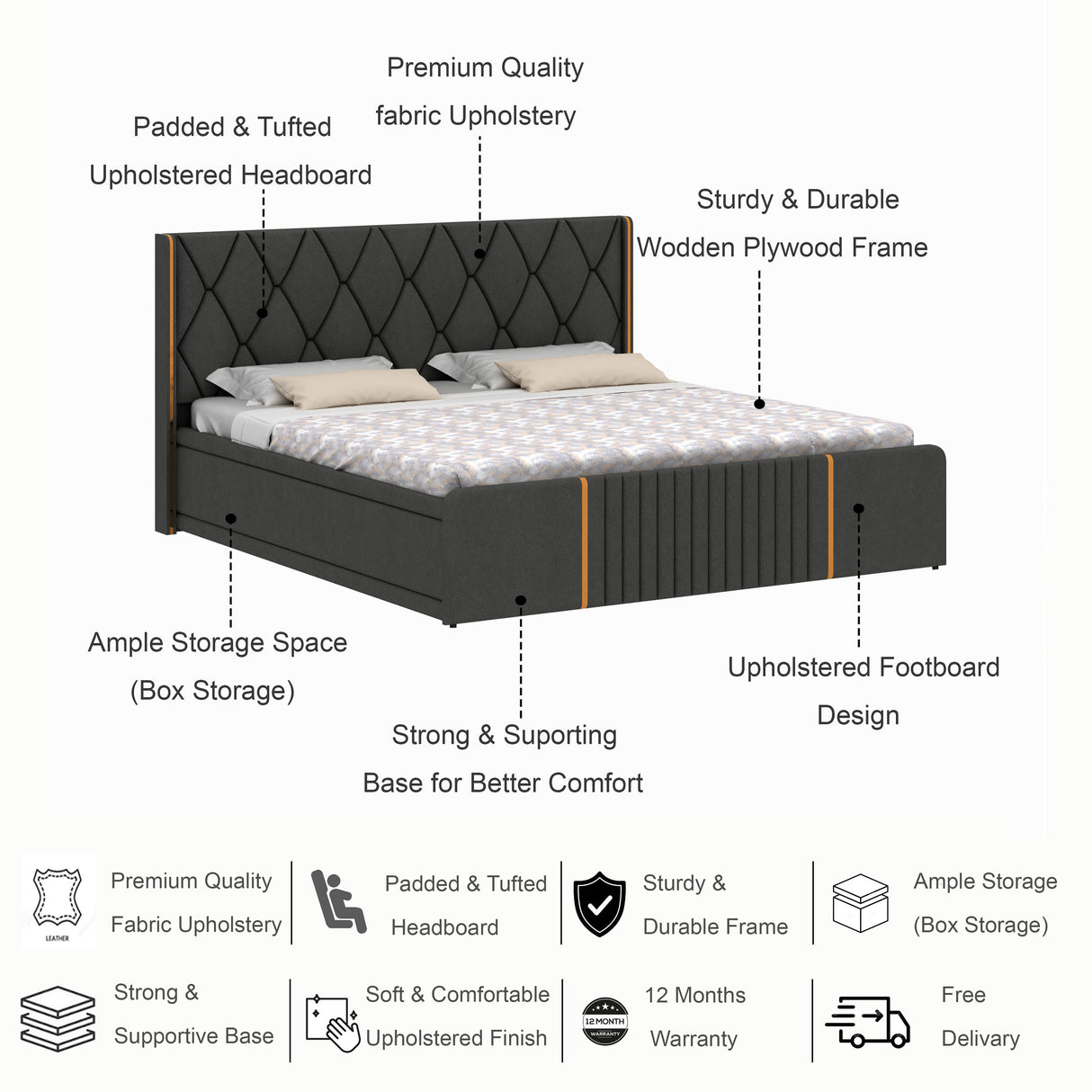 Archer Upholstered Bed With Box Storage - 12 Months Warranty(LUXE EDITION)