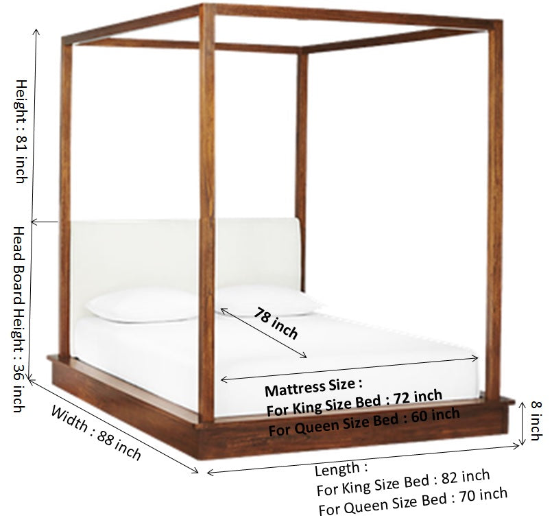 Elley Solid Sheesham Wood Platfrom Poster Bed with upholstered Headboard - 3 Years Warranty