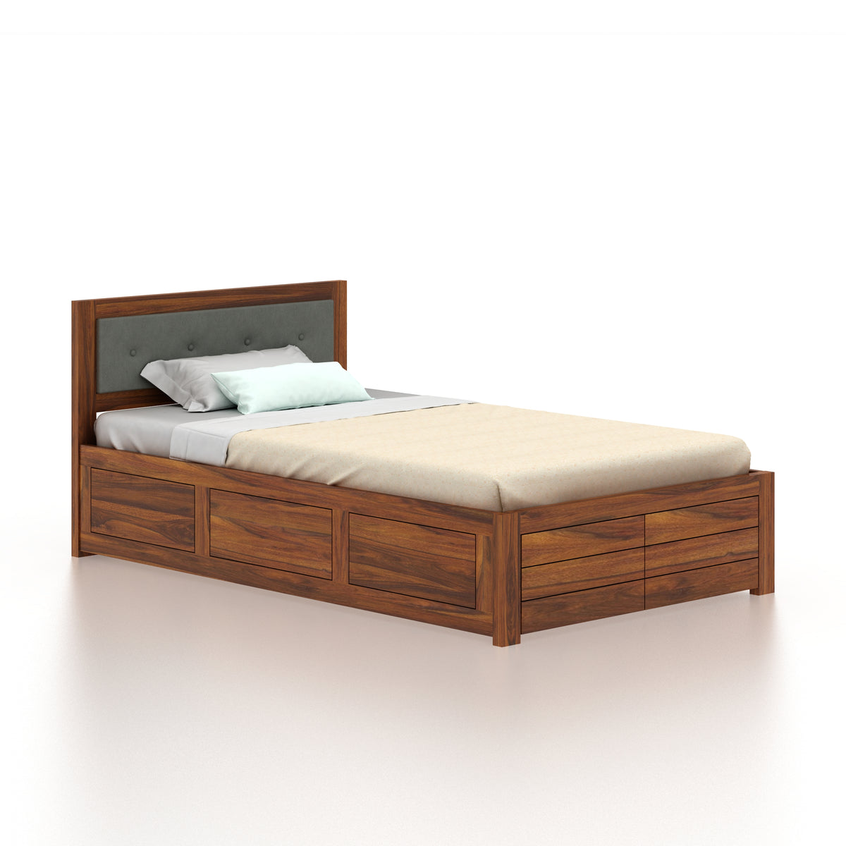 EURO Solid Sheesham Wood 4 Feet Bed With Box Storage - 3 Years Warranty